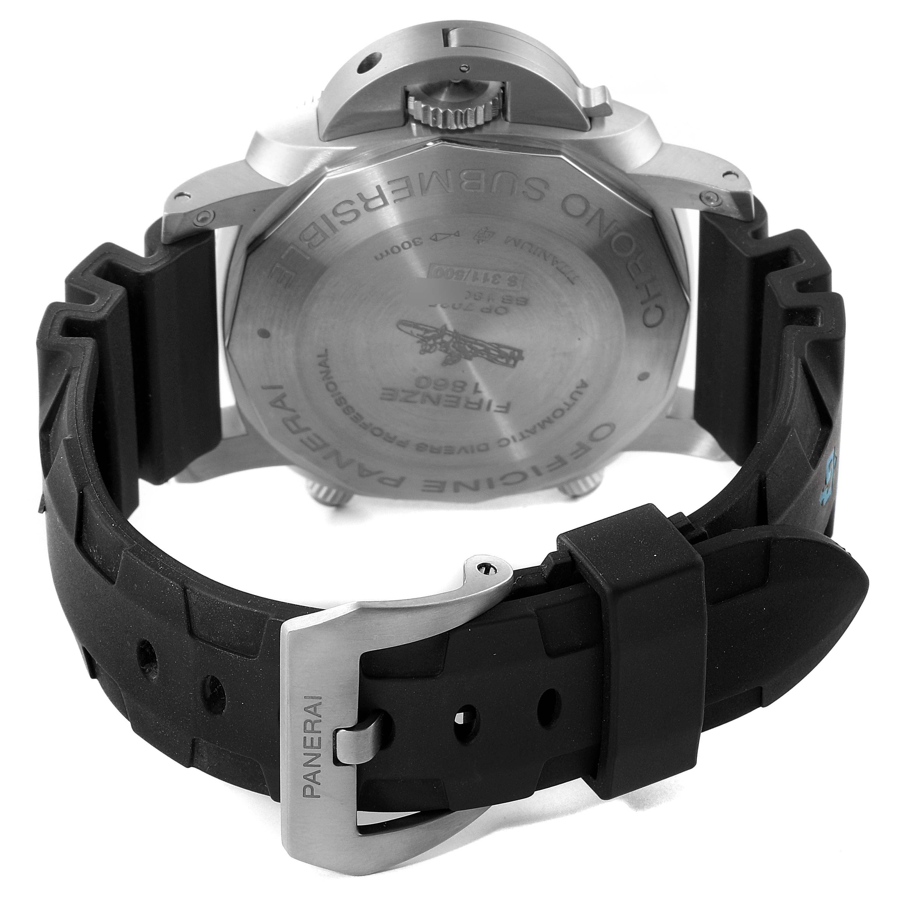 This image shows the back view of a Panerai Submersible PAM00615 Men's Titanium Black Dial PAM00615 Men's Titanium Black Dial watch, highlighting its case back, crown, and rubber strap with buckle.