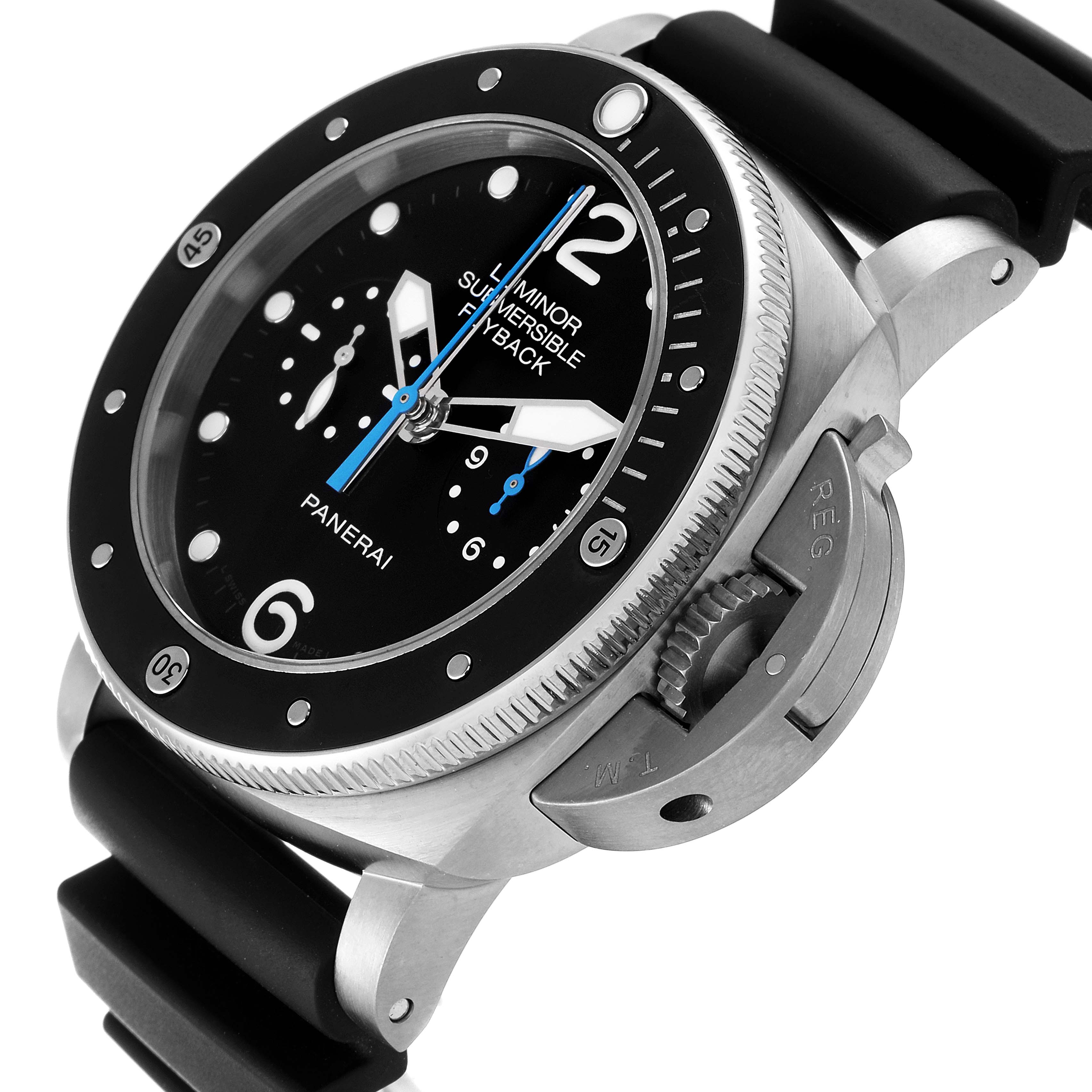The image shows a Panerai Submersible PAM00615 Men's Titanium Black Dial PAM00615 Men's Titanium Black Dial model watch from a side angle, highlighting the dial, bezel, and strap.