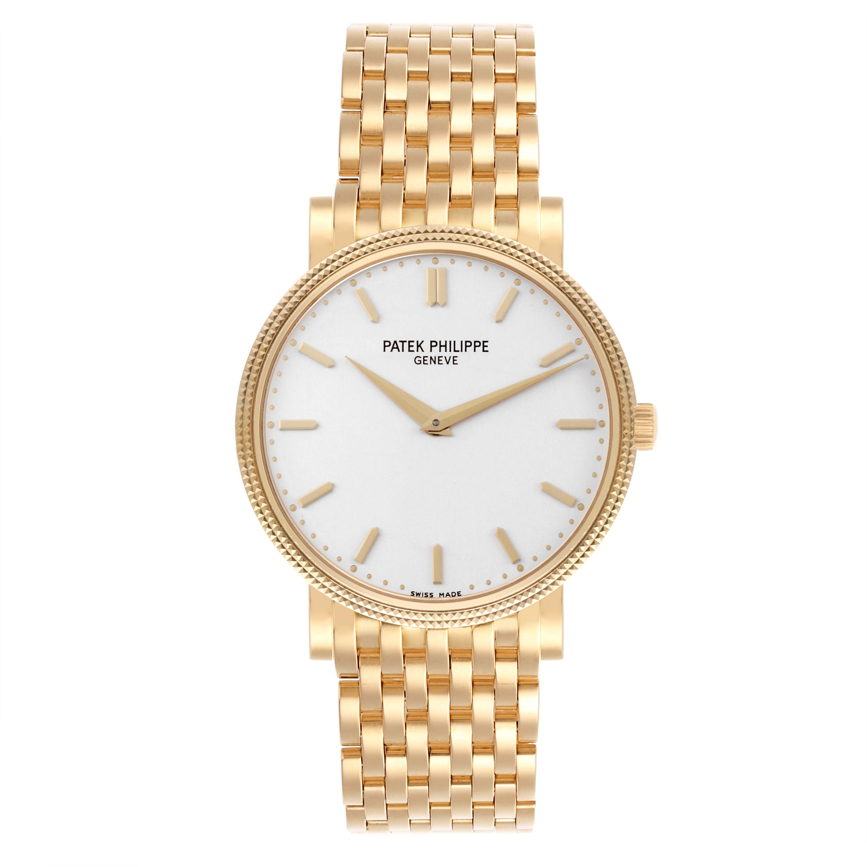 The Patek Philippe Calatrava 5120/1J Men's Yellow Gold Silver Dial 5120/1J Men's Yellow Gold Silver Dial watch is shown from a direct front angle, displaying its face and gold bracelet.