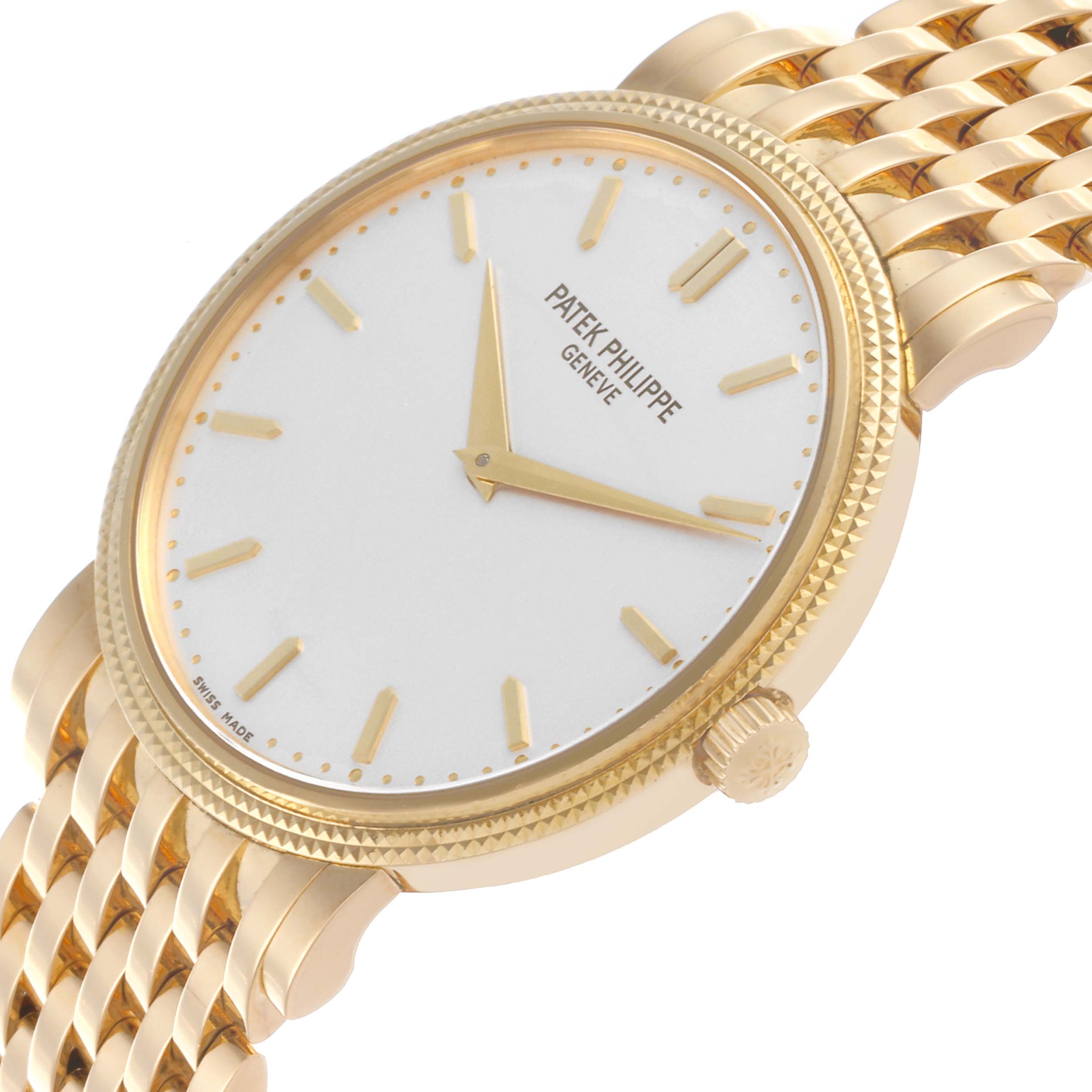 The Patek Philippe Calatrava 5120/1J Men's Yellow Gold Silver Dial 5120/1J Men's Yellow Gold Silver Dial watch is shown from a side angle, highlighting the face, bezel, and bracelet.