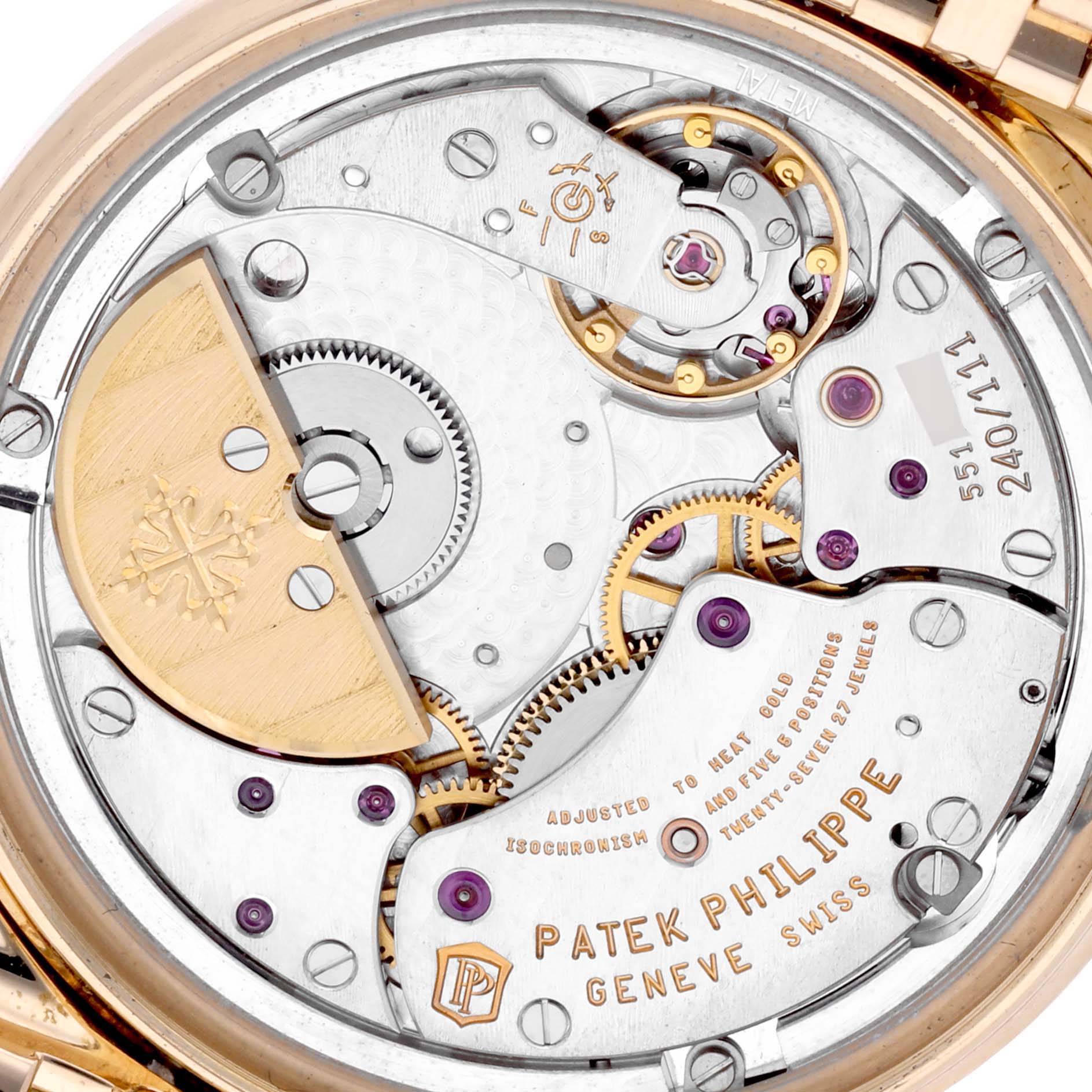The image shows the back view of a Patek Philippe Calatrava 5120/1J Men's Yellow Gold Silver Dial 5120/1J Men's Yellow Gold Silver Dial, highlighting its mechanical movement and rotor.