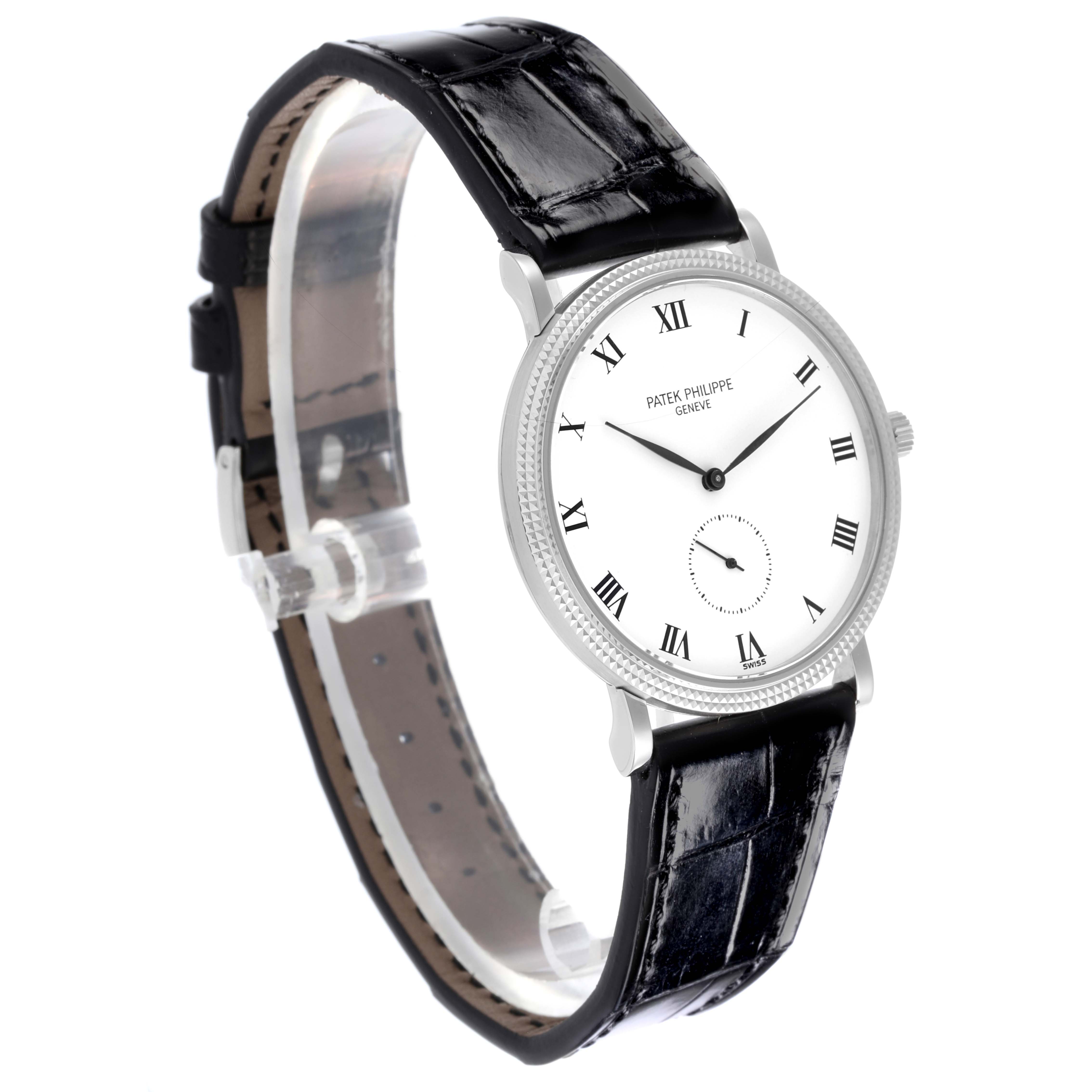 The Patek Philippe Calatrava 3919G-001 Men
s White Gold White Dial 3919G-001 Men
s White Gold White Dial watch is shown from a side angle, displaying its face, Roman numerals, case, and leather strap.