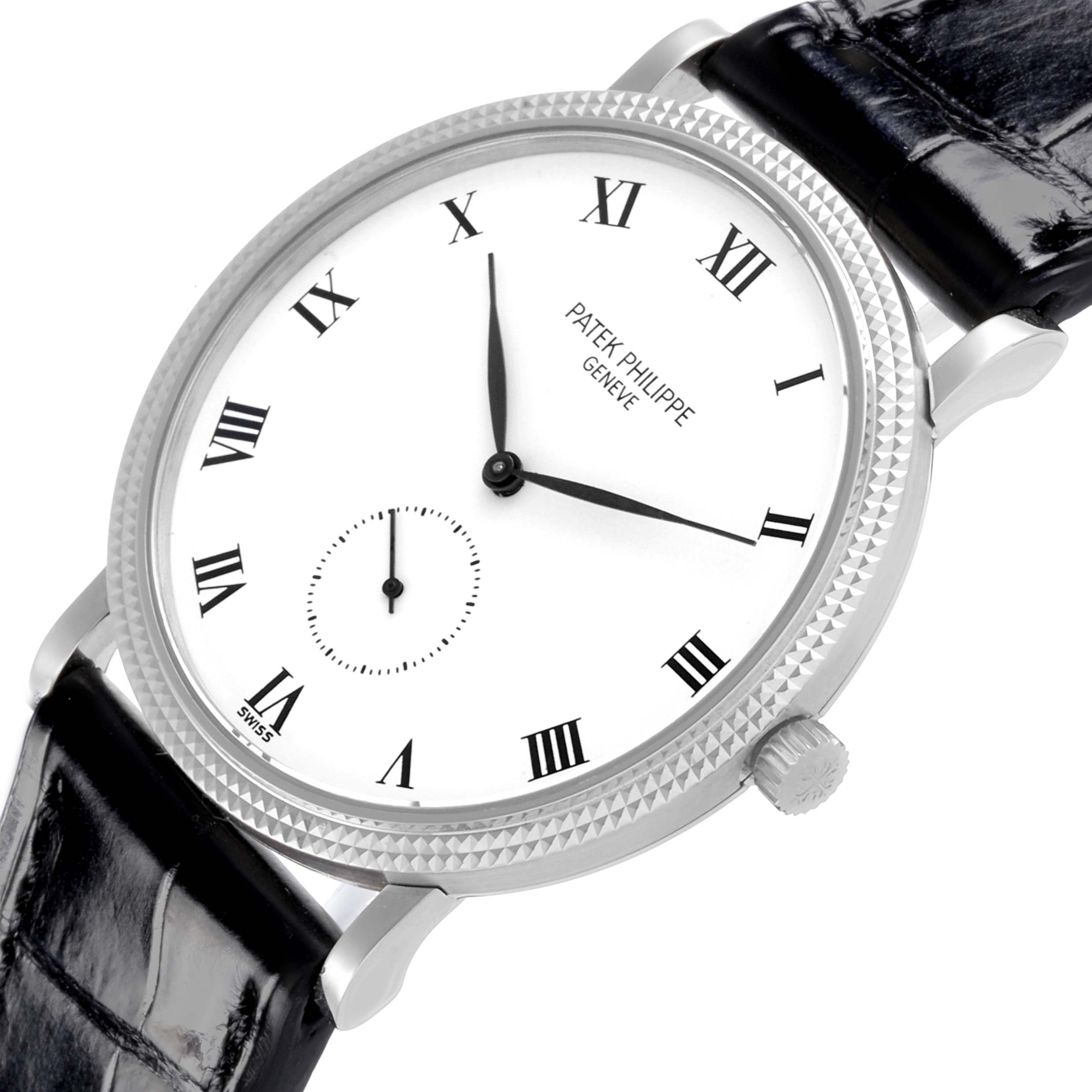 The Patek Philippe Calatrava 3919G-001 Men
s White Gold White Dial 3919G-001 Men
s White Gold White Dial watch is shown from a top angle, featuring its white dial, Roman numerals, and black leather strap.