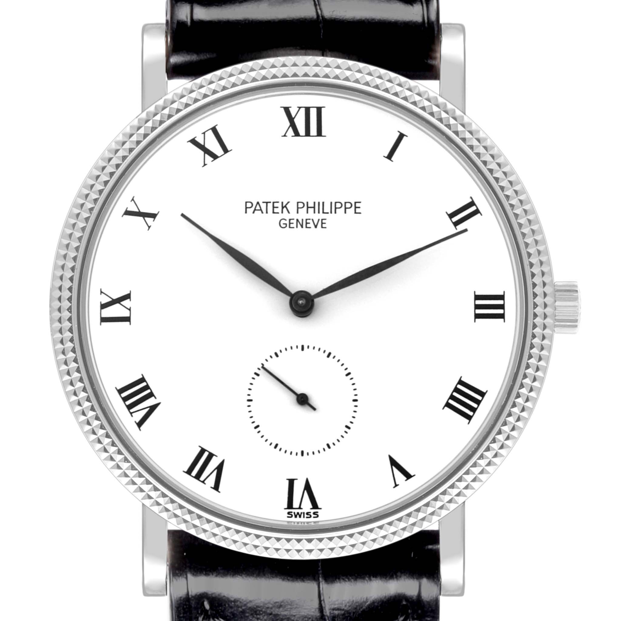 The Patek Philippe Calatrava 3919G-001 Men
s White Gold White Dial 3919G-001 Men
s White Gold White Dial watch is shown from the front, highlighting the dial with Roman numerals, hands, and the crown.