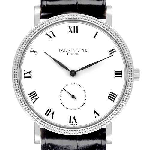 The image shows a frontal view of the Patek Philippe Calatrava watch, highlighting its face, bezel, and crown.