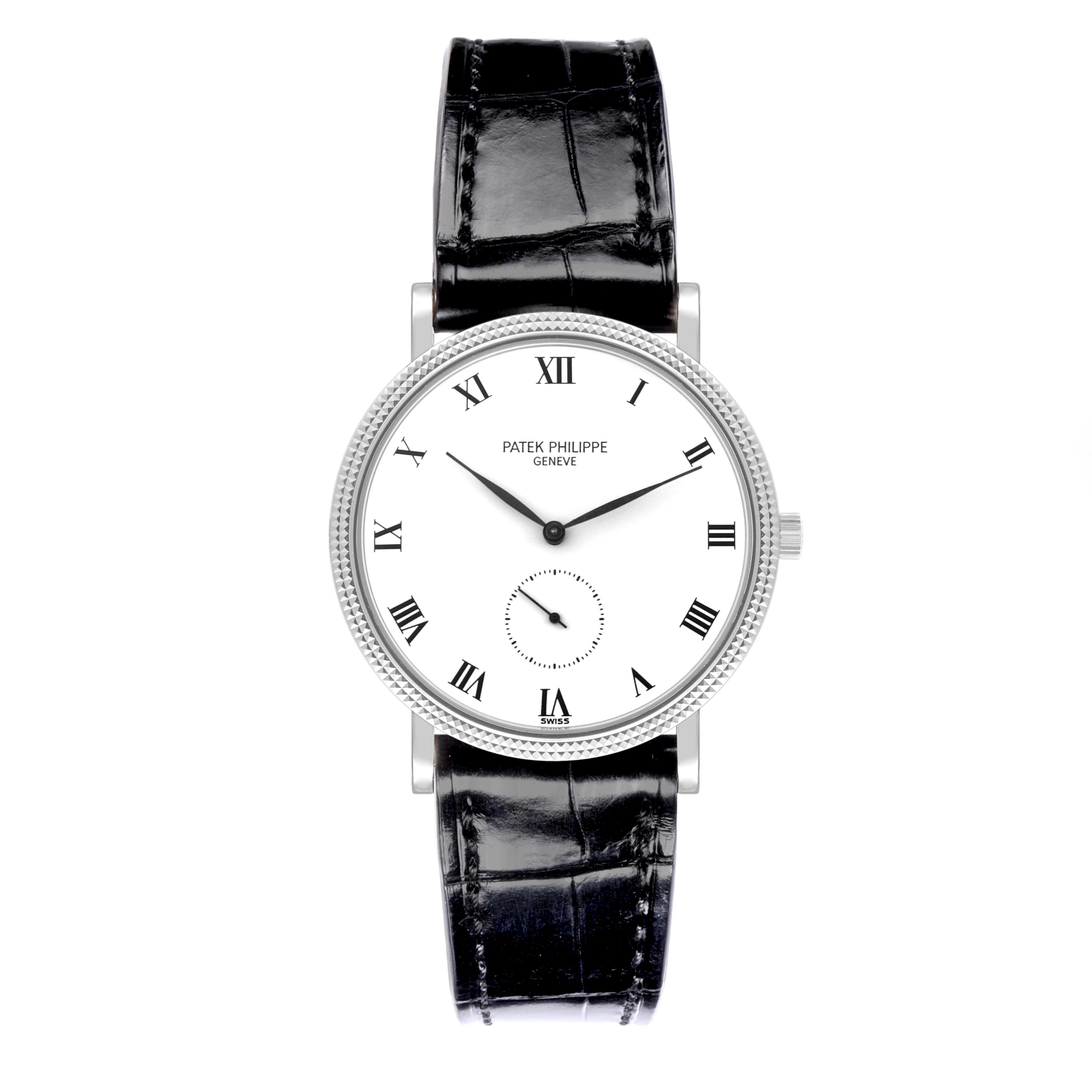 The Patek Philippe Calatrava 3919G-001 Men
s White Gold White Dial 3919G-001 Men
s White Gold White Dial watch is shown from the front, displaying its dial, case, and leather strap.