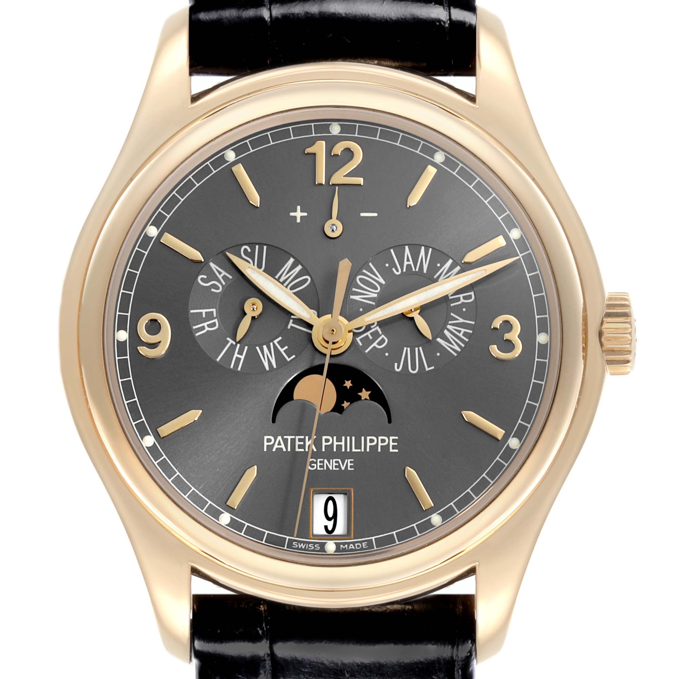 The image shows a front view of the Patek Philippe Complications 5146J-010 Men's Yellow Gold Grey Dial 5146J-010 Men's Yellow Gold Grey Dial watch, highlighting its dial, hands, and complications.