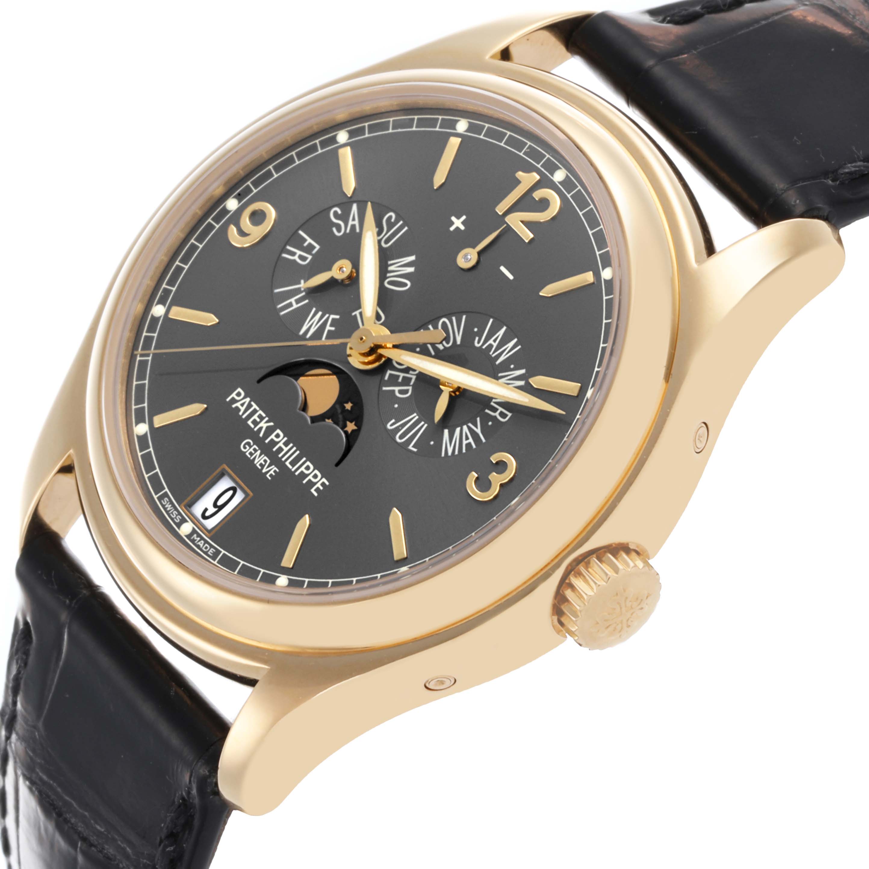 The Patek Philippe Complications 5146J-010 Men's Yellow Gold Grey Dial 5146J-010 Men's Yellow Gold Grey Dial watch is shown at a side angle highlighting its dial, gold case, and leather strap.