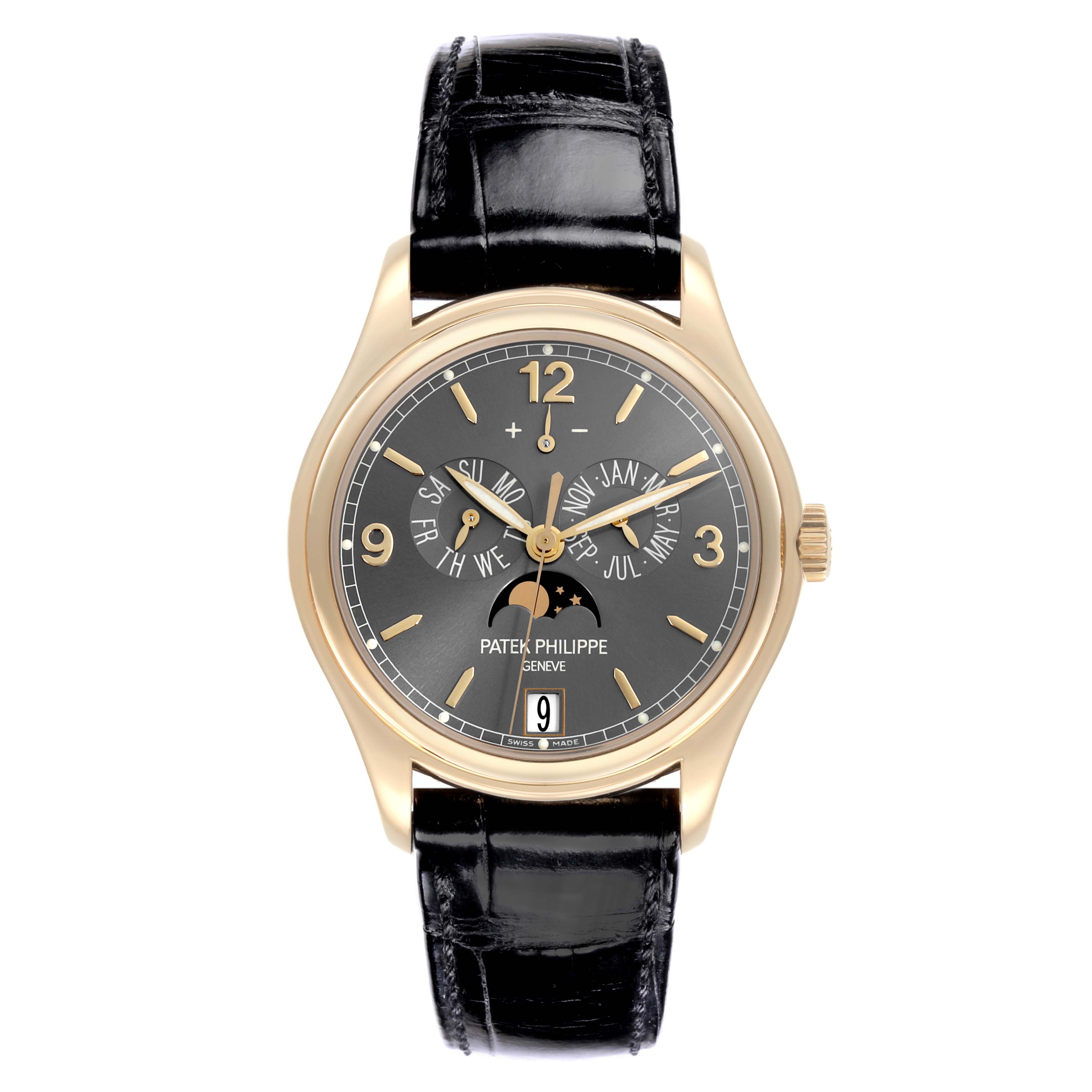 The Patek Philippe Complications 5146J-010 Men's Yellow Gold Grey Dial 5146J-010 Men's Yellow Gold Grey Dial watch is shown from a front angle, displaying its face and strap.