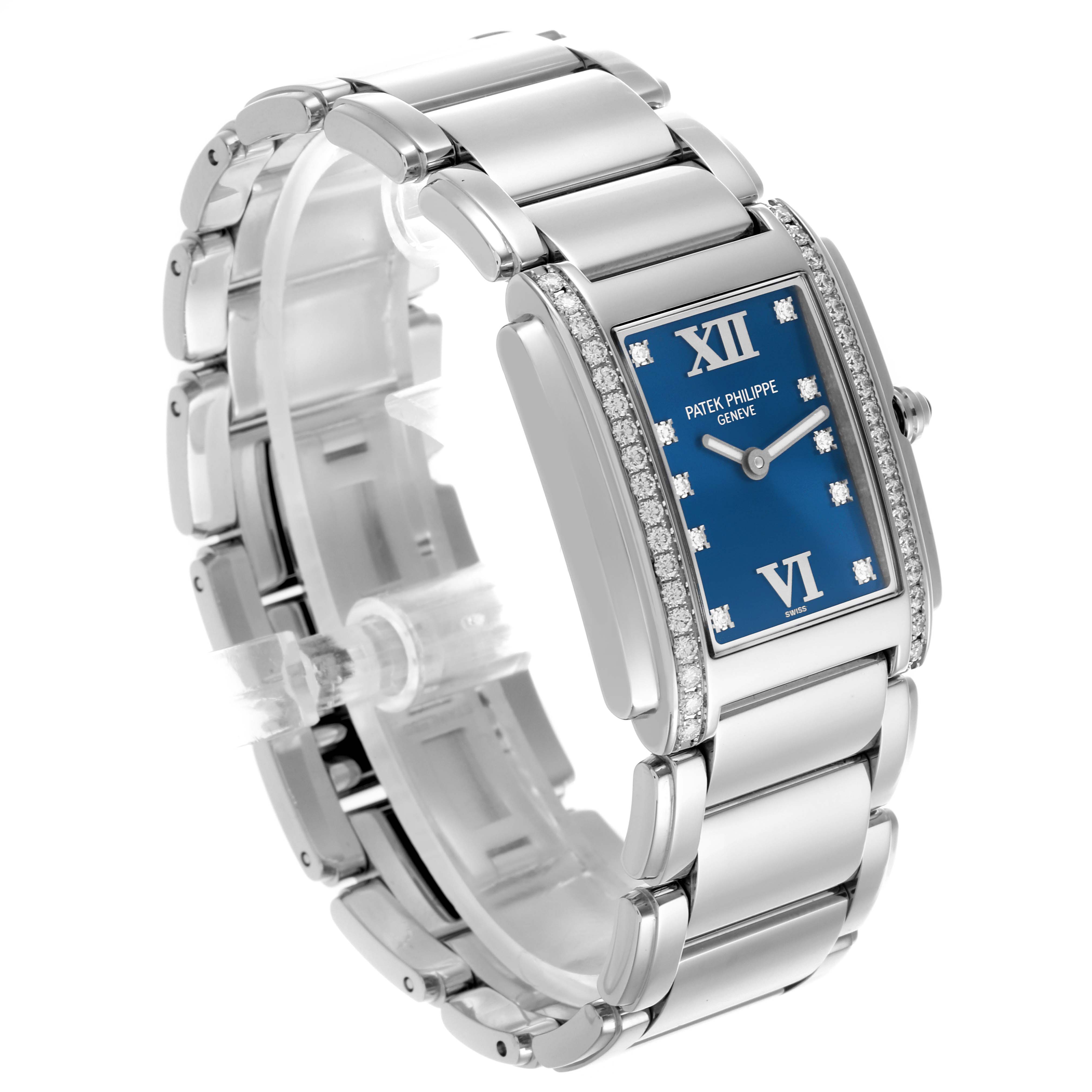 The Patek Philippe Twenty-4 4910/10A-012 Women's Stainless Steel Blue Dial 4910/10A-012 Women's Stainless Steel Blue Dial watch is shown from a three-quarter angle, highlighting the face, bracelet, and side profile.