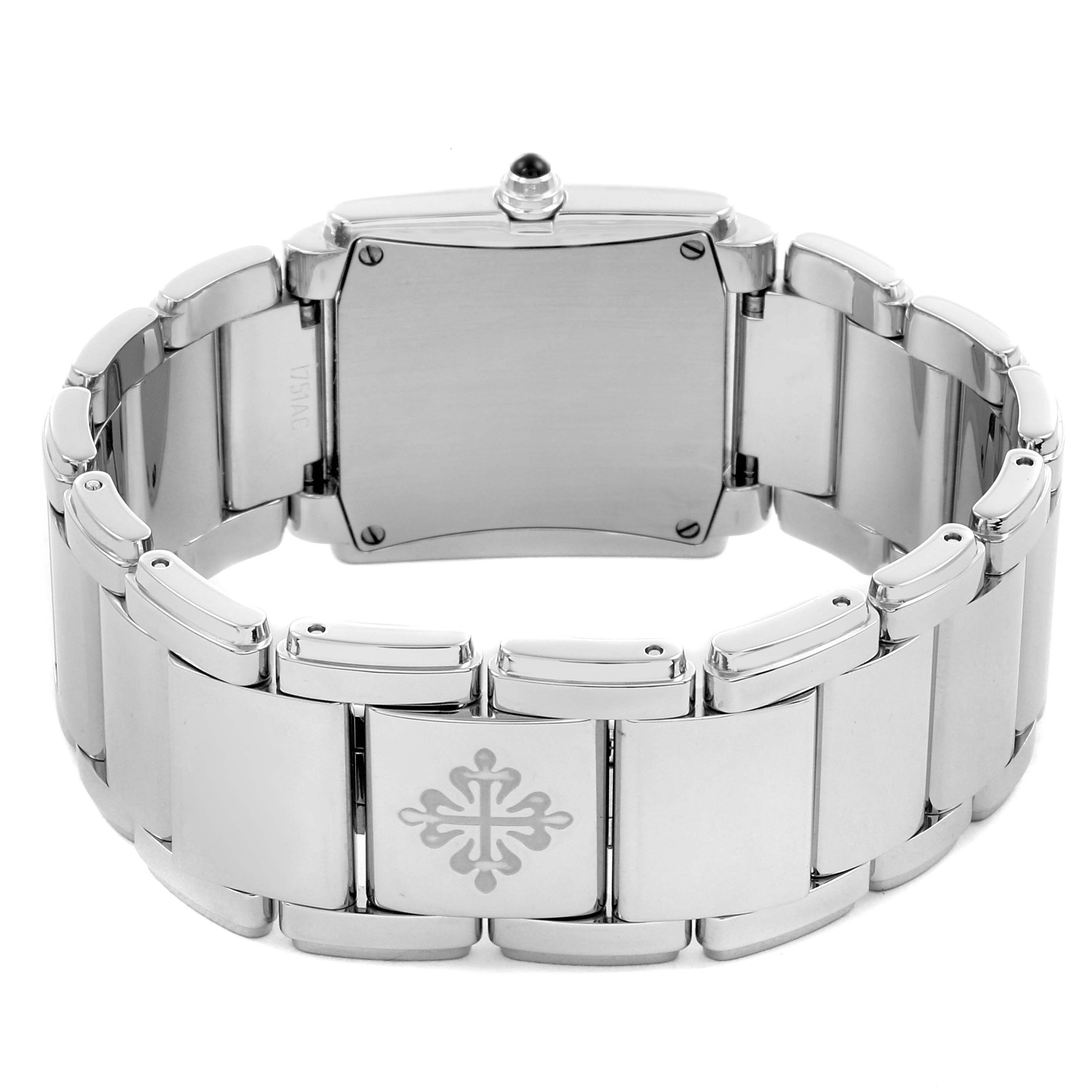 The image shows the back and bracelet of a Patek Philippe Twenty-4 4910/10A-012 Women's Stainless Steel Blue Dial 4910/10A-012 Women's Stainless Steel Blue Dial watch, highlighting the clasp and emblem.