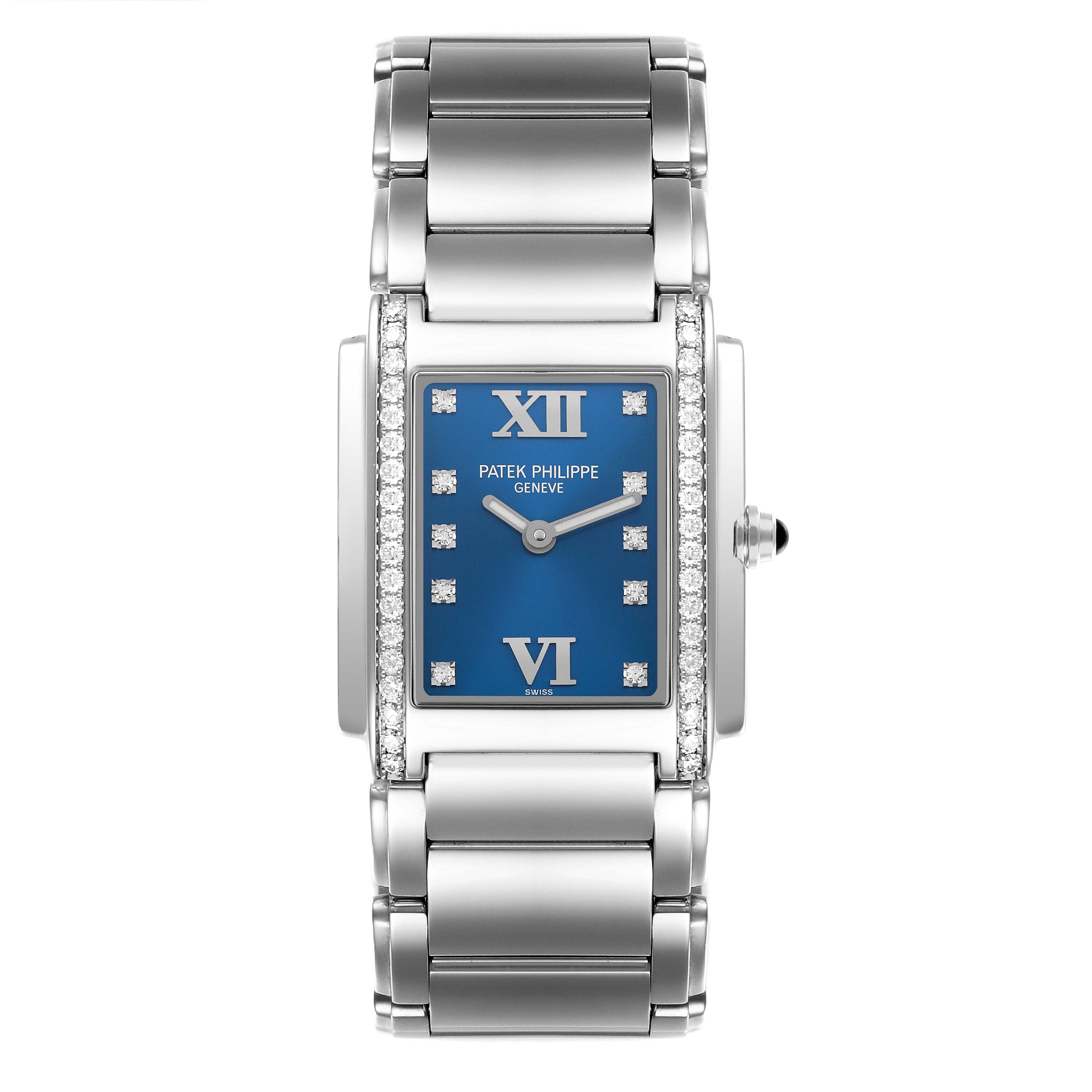 The Patek Philippe Twenty-4 4910/10A-012 Women's Stainless Steel Blue Dial 4910/10A-012 Women's Stainless Steel Blue Dial model is shown from a frontal angle, highlighting the blue dial, diamond markers, and stainless steel bracelet.