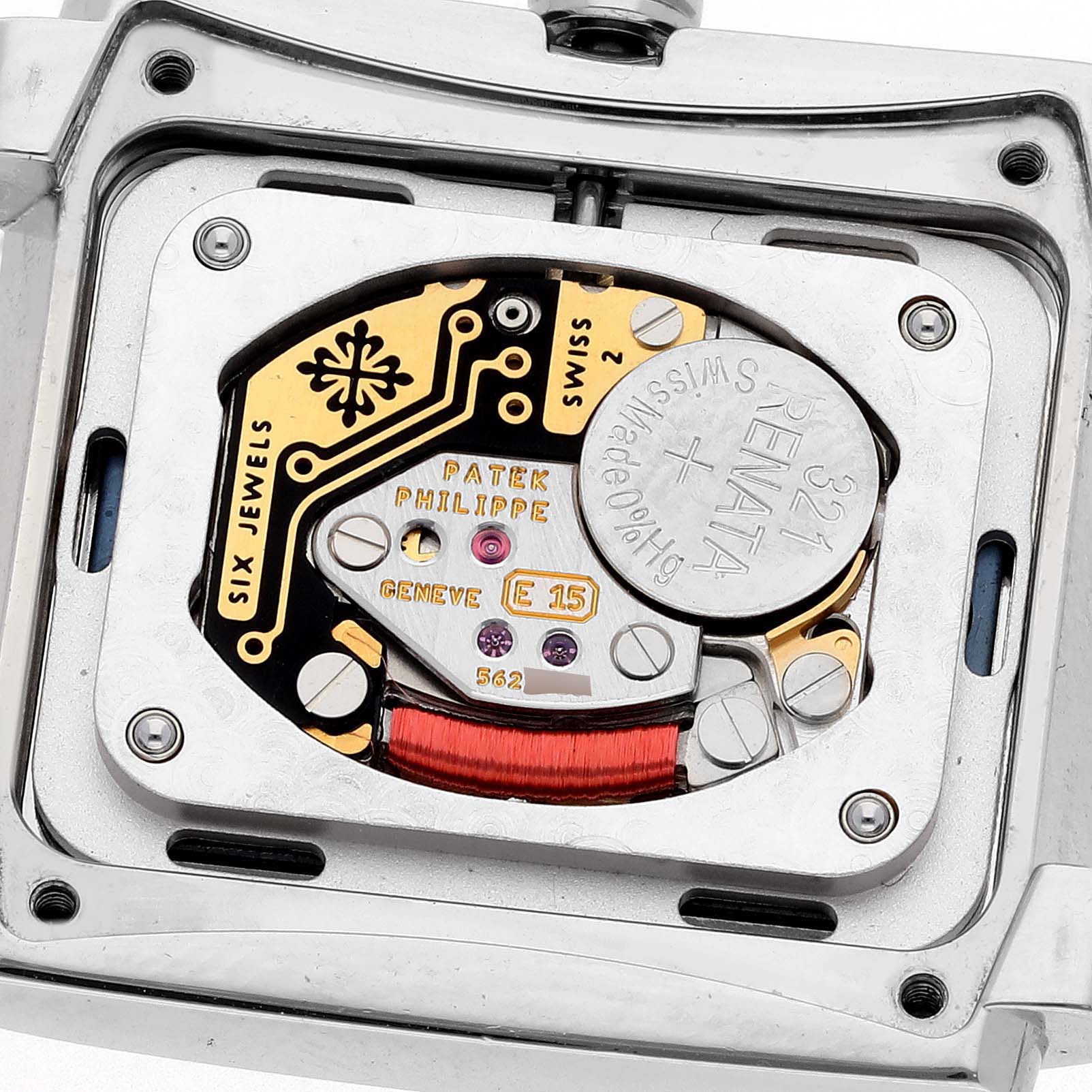 The image shows the back view of a Patek Philippe Twenty-4 4910/10A-012 Women's Stainless Steel Blue Dial 4910/10A-012 Women's Stainless Steel Blue Dial watch, highlighting its movement and components.