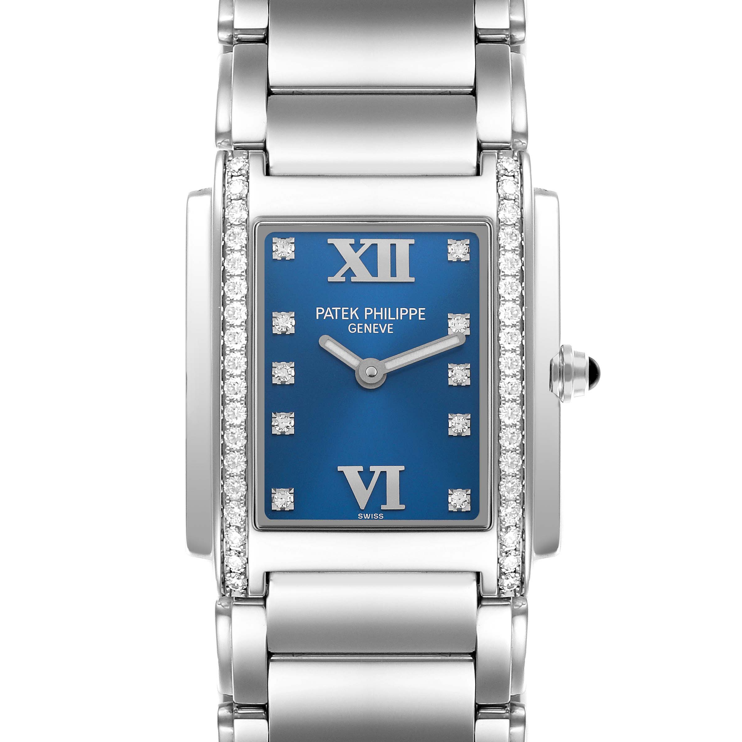 The Patek Philippe Twenty-4 4910/10A-012 Women's Stainless Steel Blue Dial 4910/10A-012 Women's Stainless Steel Blue Dial watch is shown from a front angle highlighting the rectangular face, dial, and bracelet.