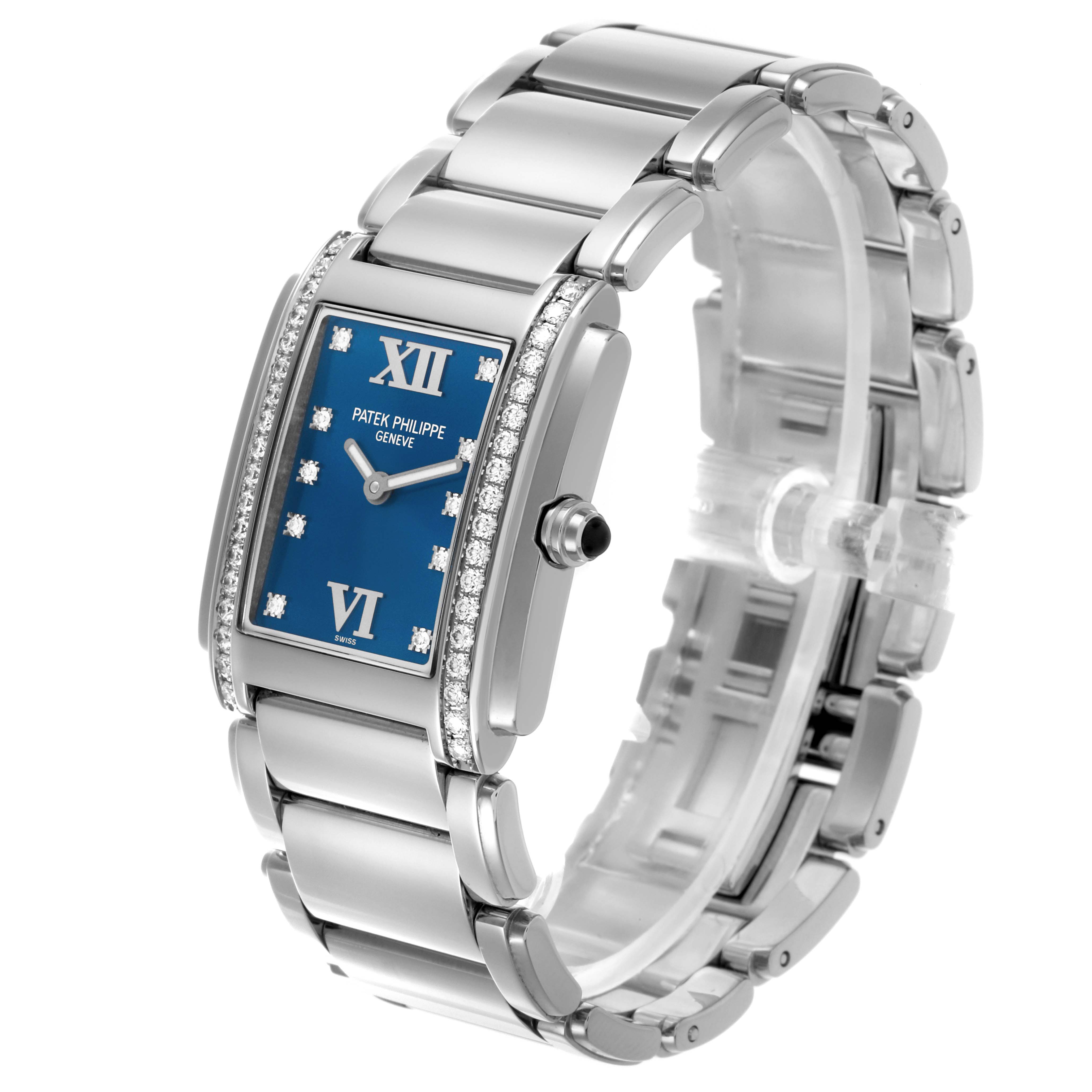 The Patek Philippe Twenty-4 4910/10A-012 Women's Stainless Steel Blue Dial 4910/10A-012 Women's Stainless Steel Blue Dial watch is shown at a three-quarter angle, highlighting the face, bracelet, and side view.