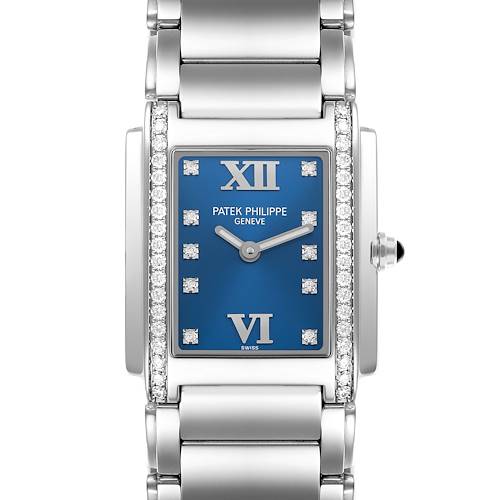 The Patek Philippe Twenty-4 watch is shown from the front, featuring the blue dial, diamond hour markers, and a metal bracelet.