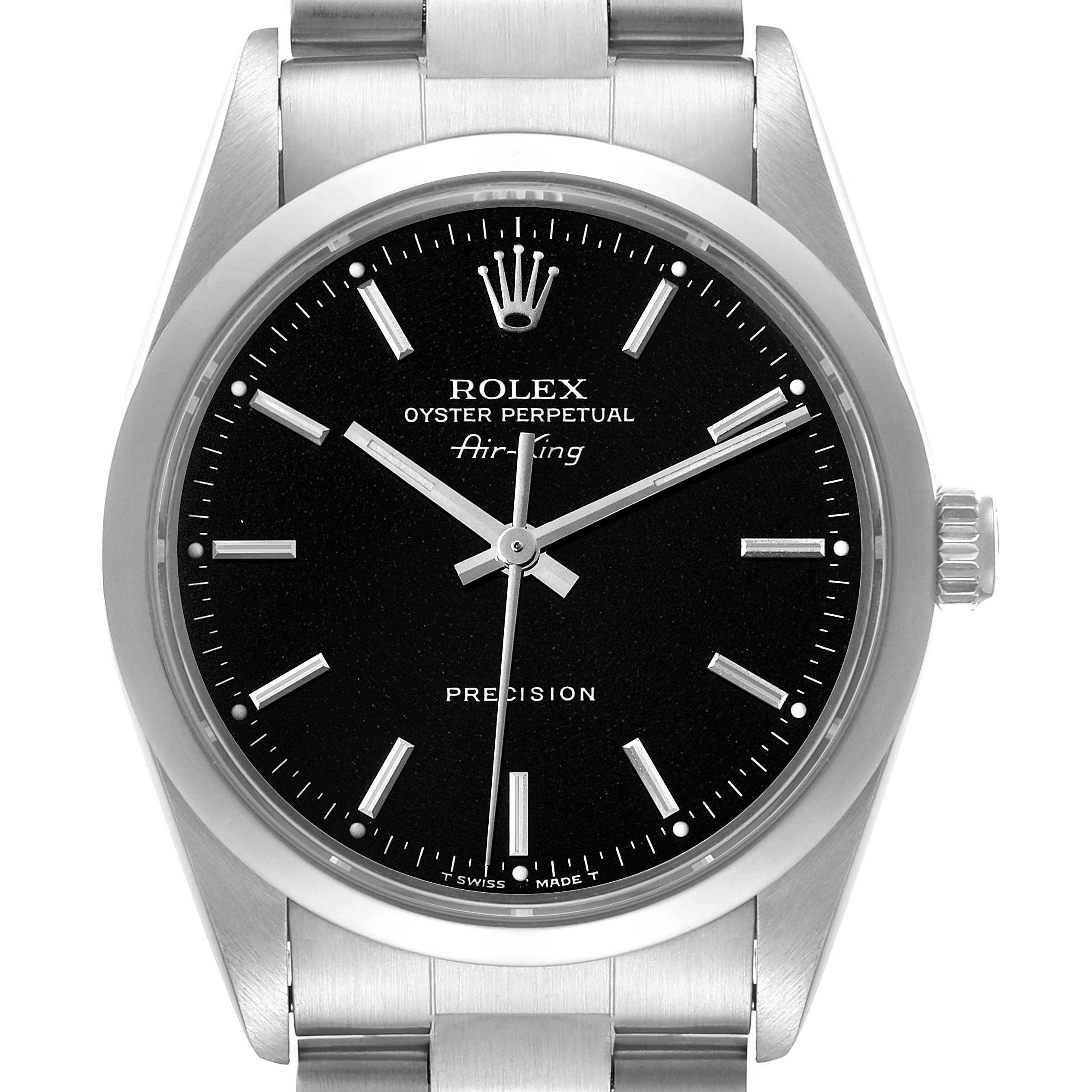 The image shows a front view of a Rolex Air-King 14000M Men's Stainless Steel Black Dial 14000M Men's Stainless Steel Black Dial watch, displaying its black dial, silver hour markers, and stainless steel case.