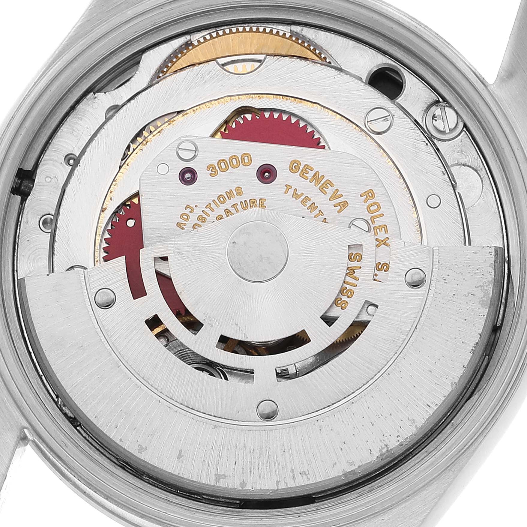 The image shows the internal mechanism of a Rolex Air-King 14000M Men's Stainless Steel Black Dial 14000M Men's Stainless Steel Black Dial watch from the back, featuring gears and the rotor assembly.