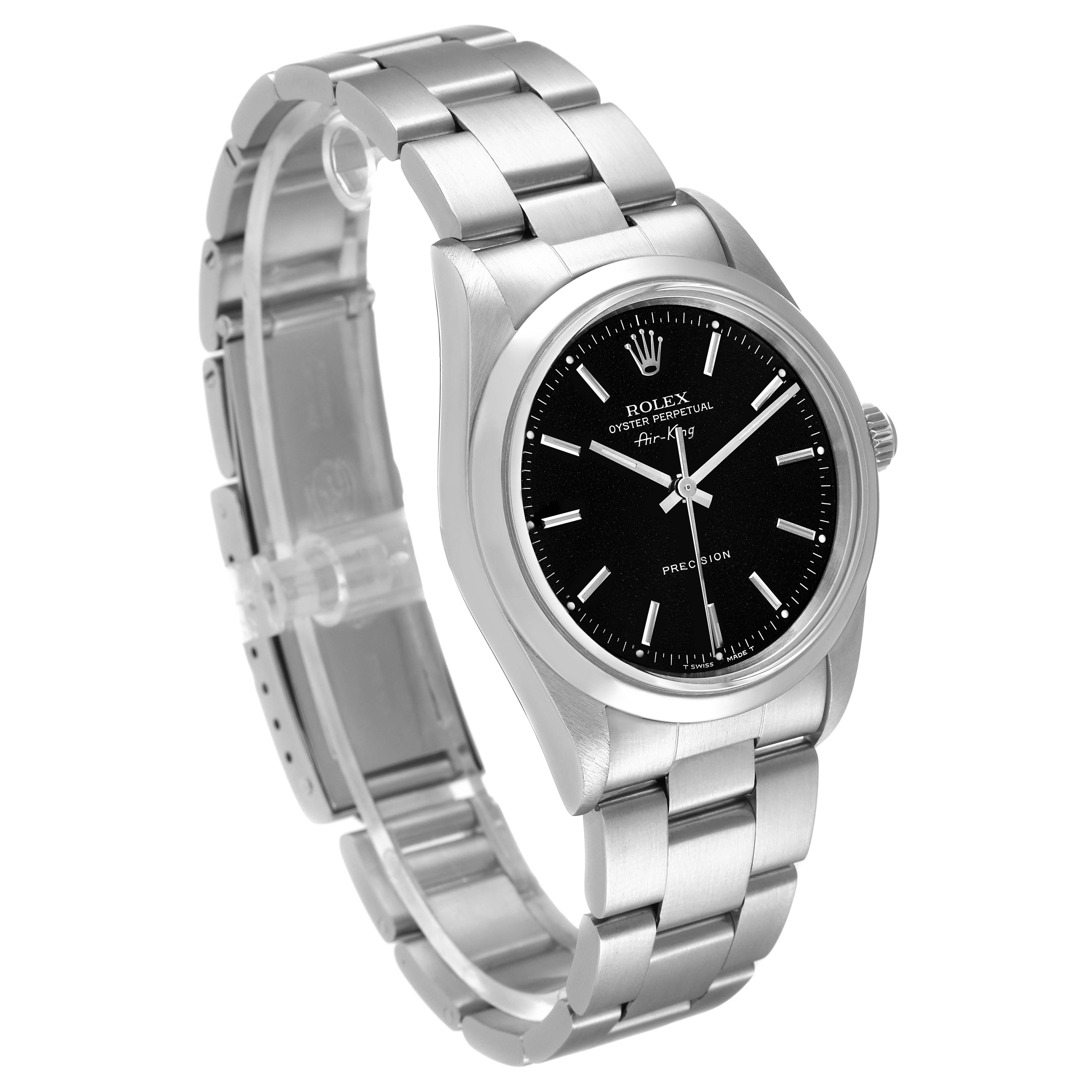 The image shows a Rolex Air-King 14000M Men's Stainless Steel Black Dial 14000M Men's Stainless Steel Black Dial watch at an angled view, highlighting its dial, case, and metal bracelet.