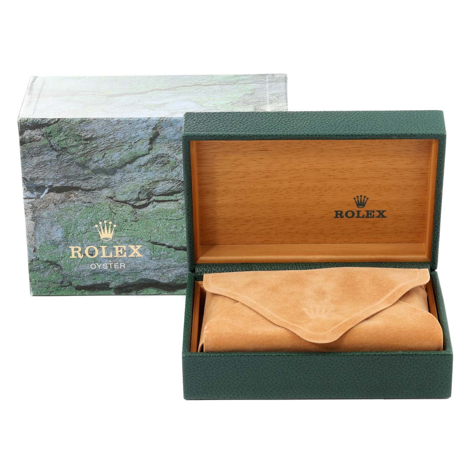 This image shows the packaging for a Rolex Air-King 14000M Men's Stainless Steel Black Dial 14000M Men's Stainless Steel Black Dial watch, including a branded outer box, inner box, and suede pouch.