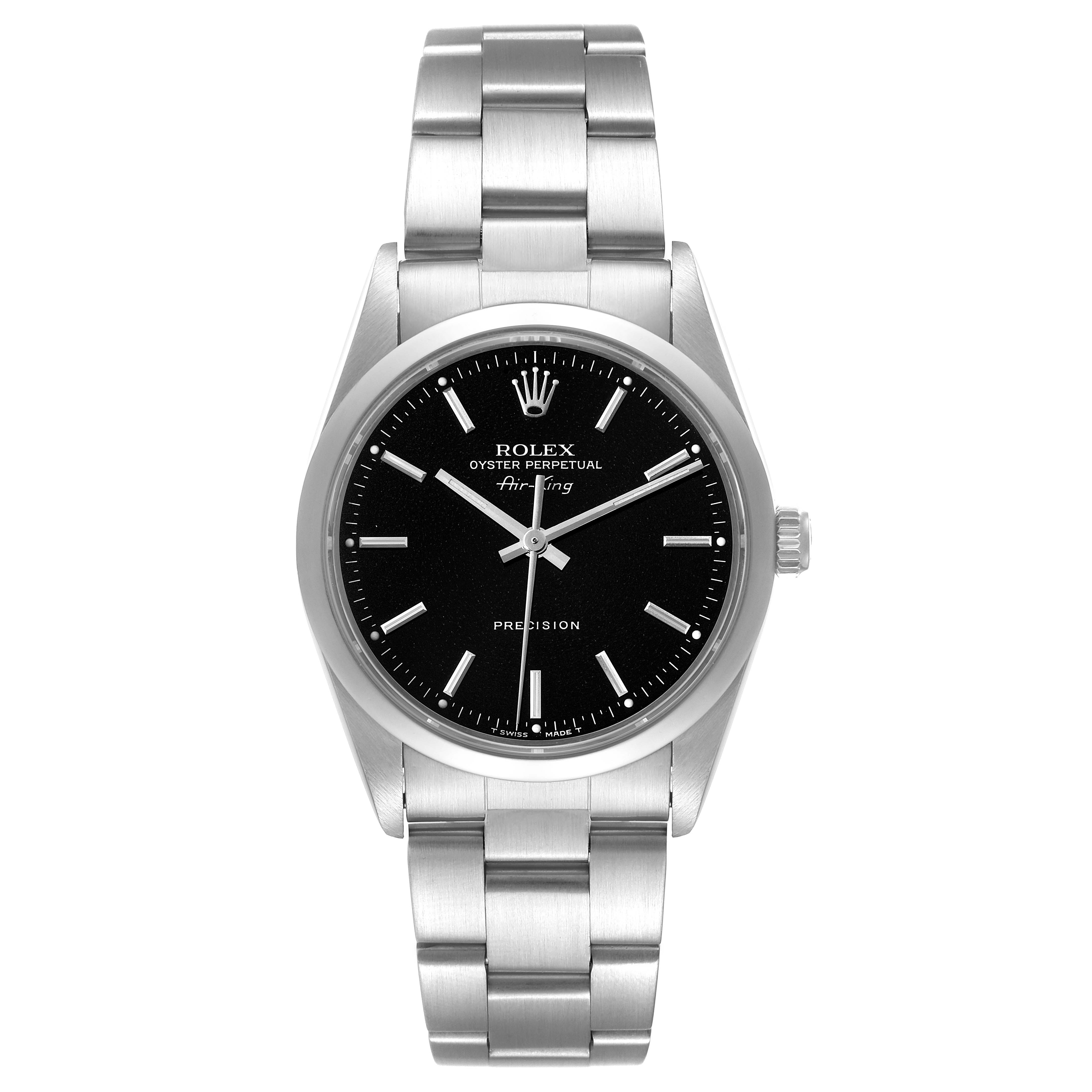 The image shows a front view of the Rolex Air-King 14000M Men's Stainless Steel Black Dial 14000M Men's Stainless Steel Black Dial watch, highlighting the black dial, silver markers, and stainless steel bracelet.