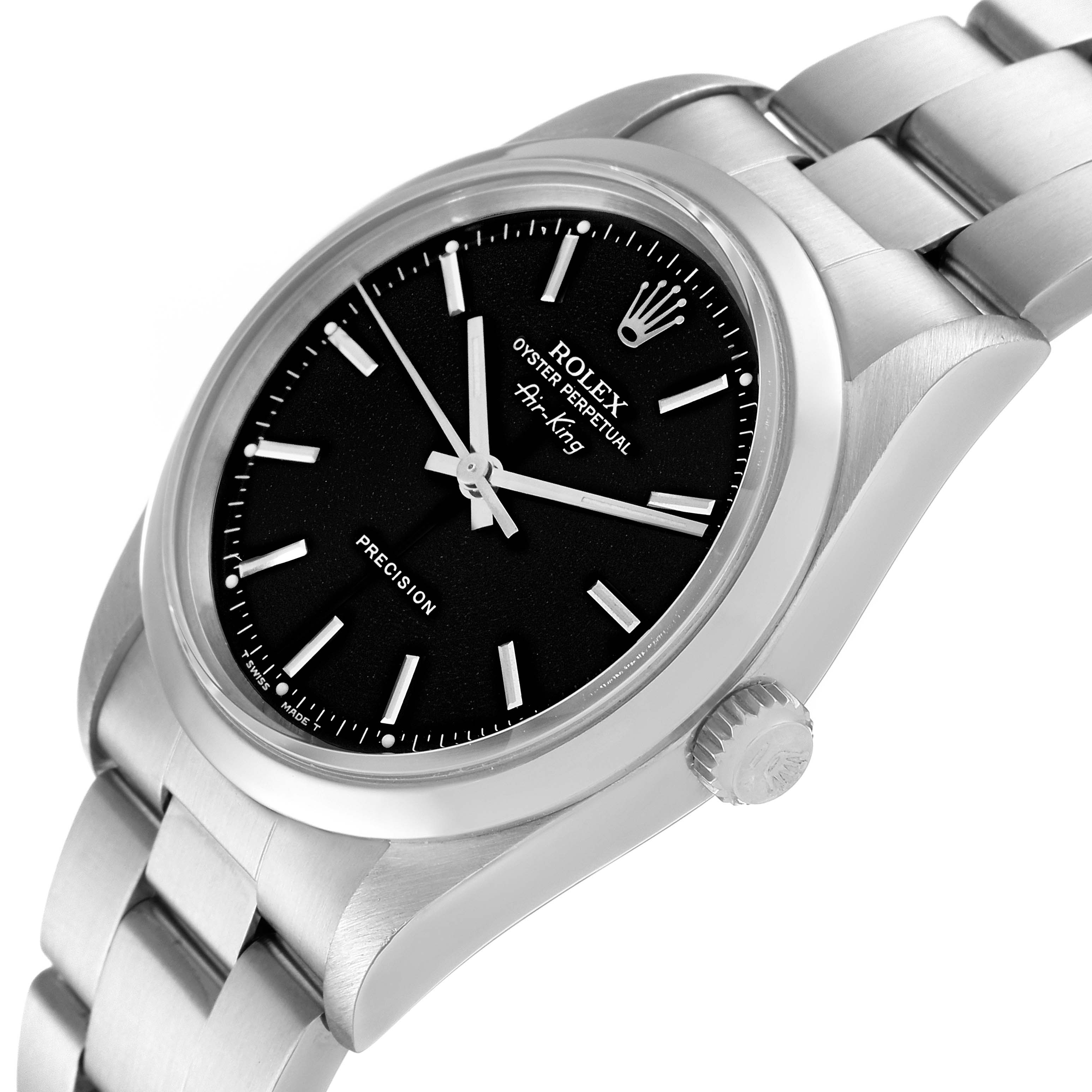 This image shows a close-up of the Rolex Air-King 14000M Men's Stainless Steel Black Dial 14000M Men's Stainless Steel Black Dial watch featuring the face, bezel, and part of the bracelet at an angled view.