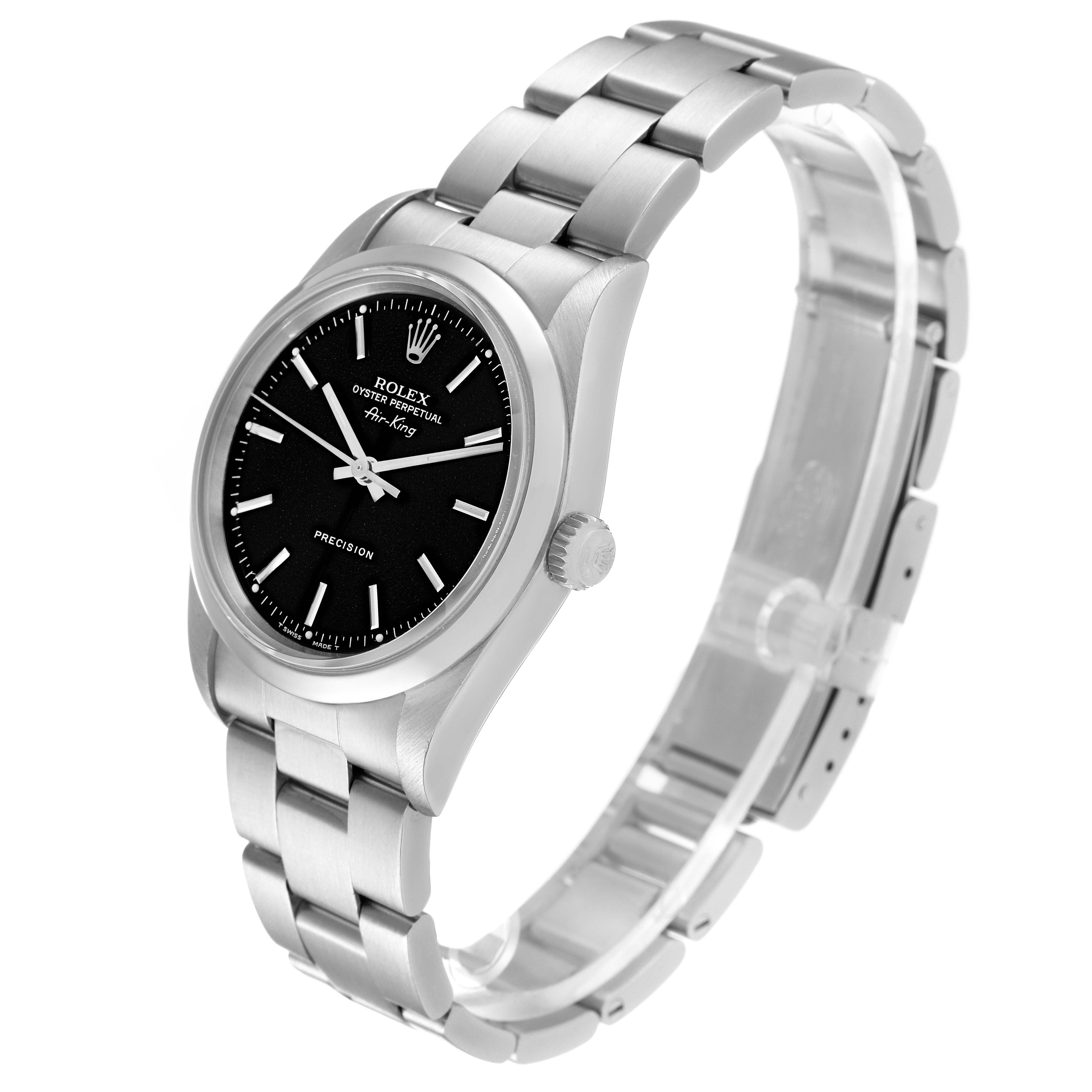 The Rolex Air-King 14000M Men's Stainless Steel Black Dial 14000M Men's Stainless Steel Black Dial watch is shown at a 3/4 angle, displaying its face, bezel, crown, and bracelet.