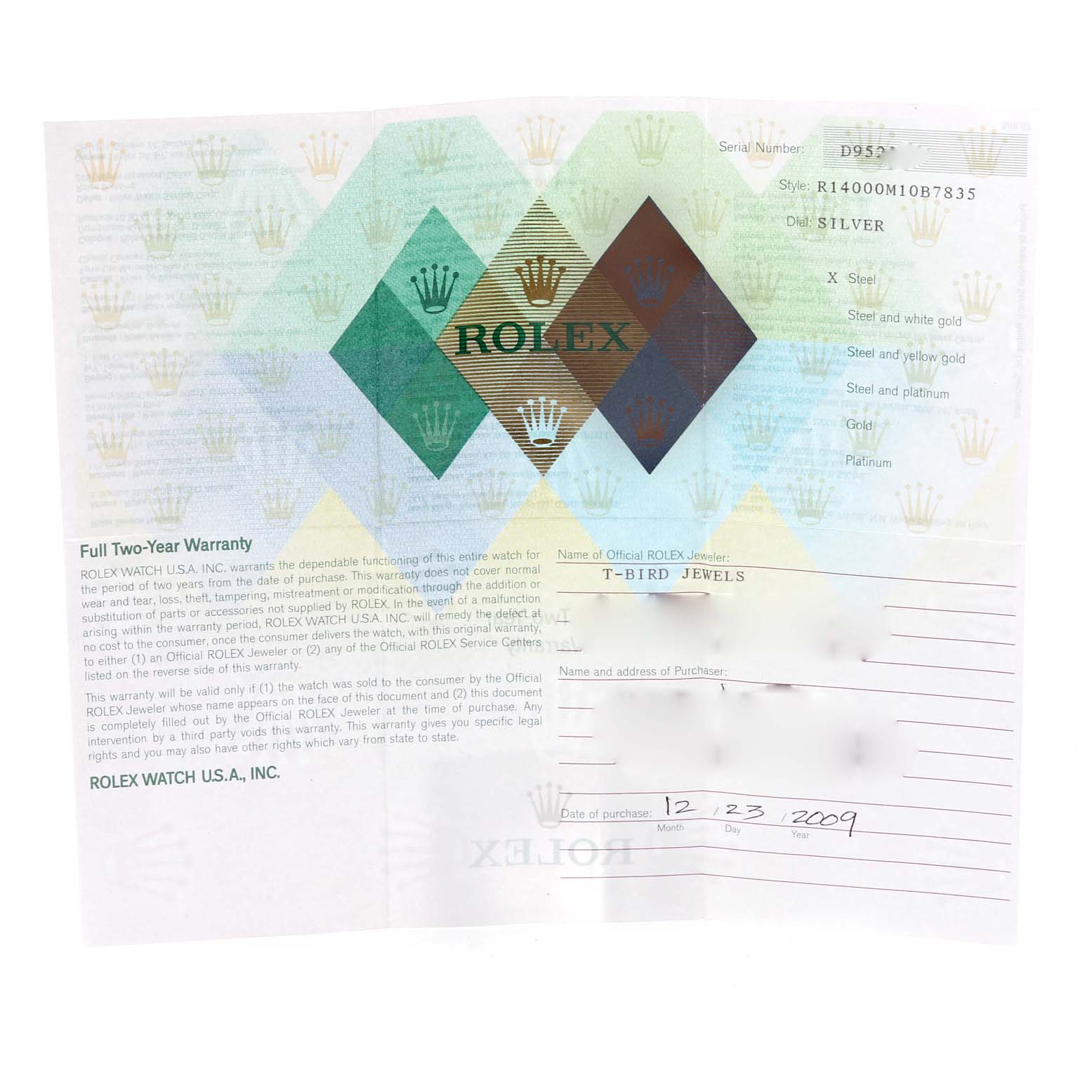 The image shows a warranty card for the Rolex Air-King 14000 Men's Stainless Steel Silver Dial 14000 Men's Stainless Steel Silver Dial watch.