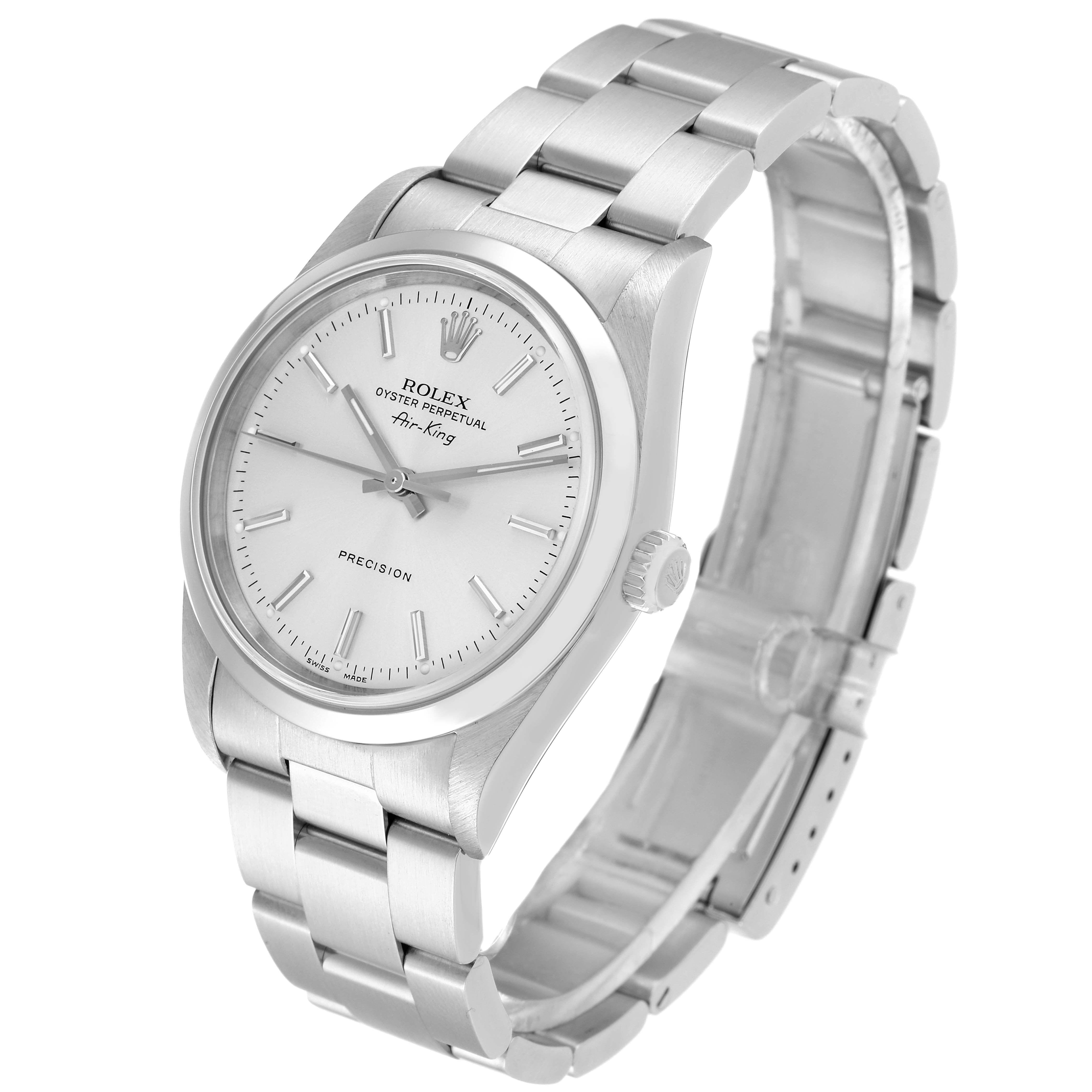 The Rolex Air-King 14000 Men's Stainless Steel Silver Dial 14000 Men's Stainless Steel Silver Dial watch is displayed at an angle showing its dial, bezel, crown, and bracelet.