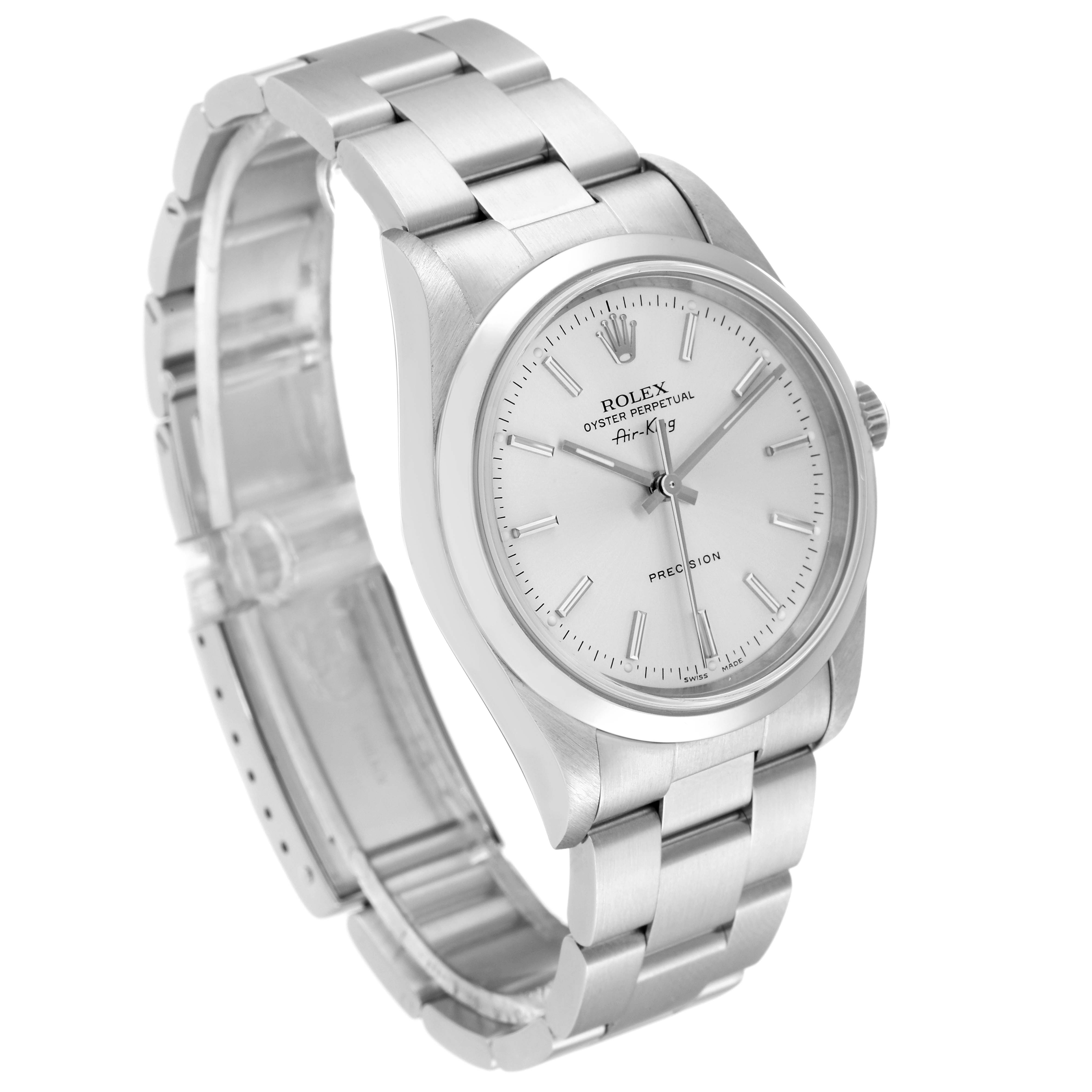 The Rolex Air-King 14000 Men's Stainless Steel Silver Dial 14000 Men's Stainless Steel Silver Dial watch is shown at a three-quarter angle, displaying the face, bezel, crown, and part of the bracelet.