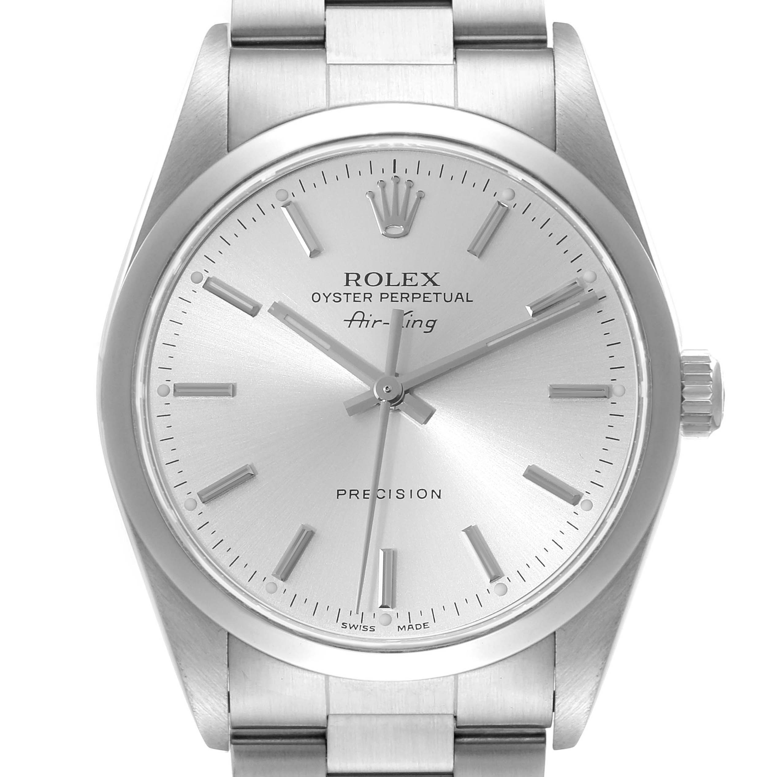 The image shows a front view of a Rolex Air-King 14000 Men's Stainless Steel Silver Dial 14000 Men's Stainless Steel Silver Dial watch, highlighting its dial, hands, crown, and bracelet.