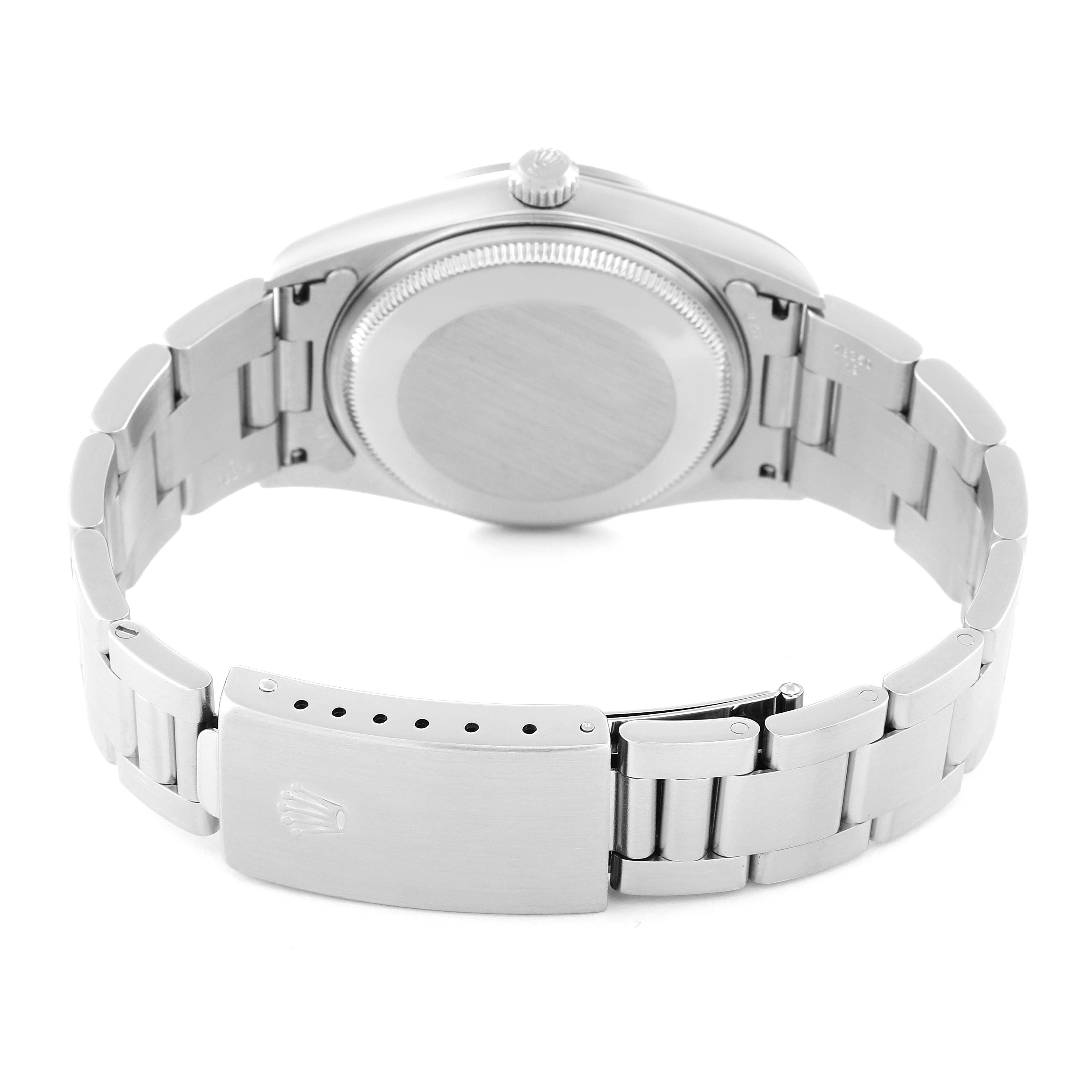 The image shows the back of a Rolex Air-King 14000 Men's Stainless Steel Silver Dial 14000 Men's Stainless Steel Silver Dial watch, highlighting the bracelet and clasp.