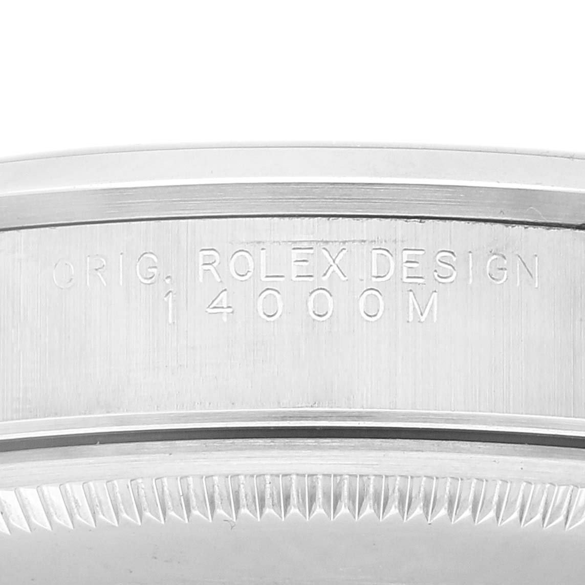 The image shows a close-up of the case back edge of a Rolex Air-King 14000 Men's Stainless Steel Silver Dial 14000 Men's Stainless Steel Silver Dial model, featuring the engraved model number 14000M.