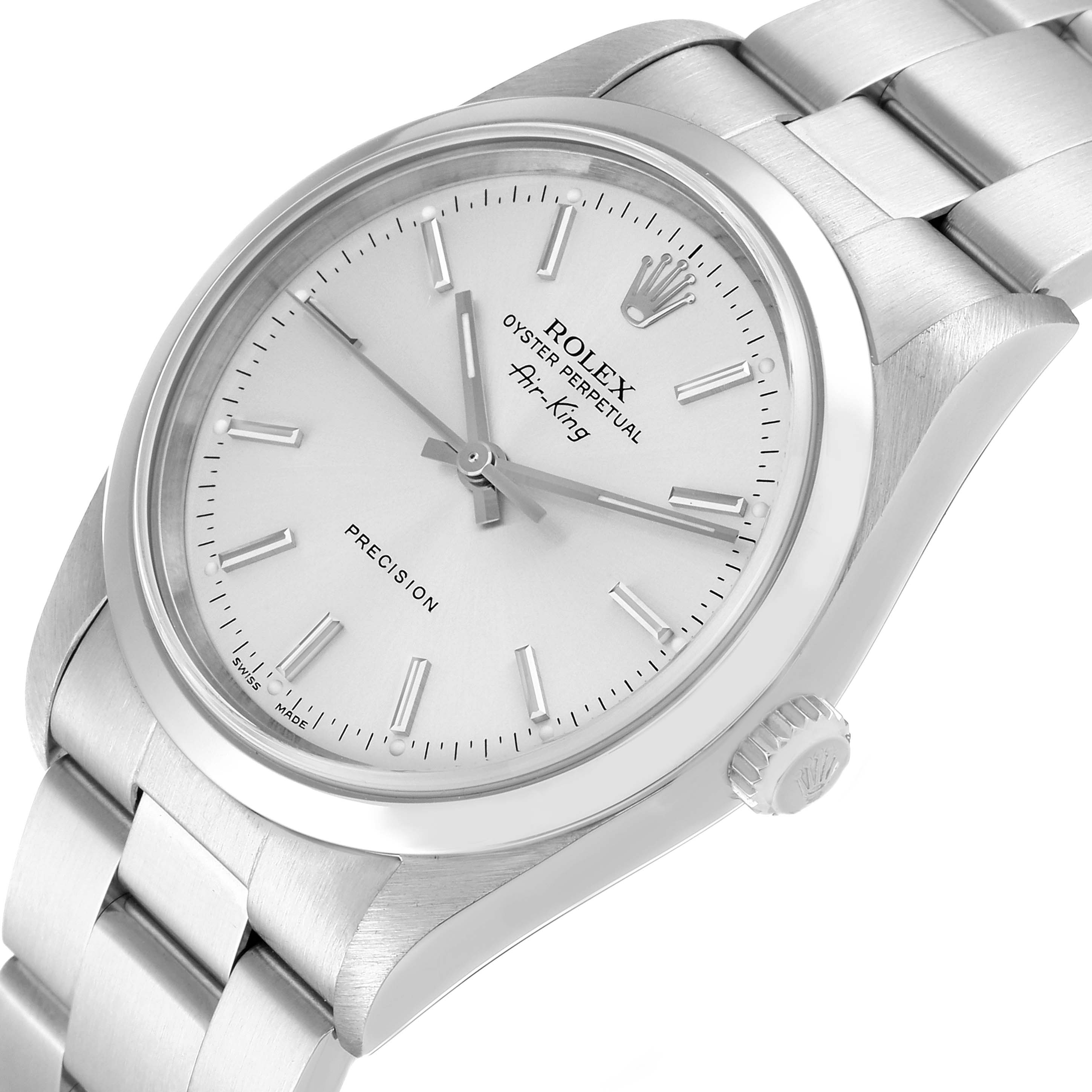 This is a close-up angle of the Rolex Air-King 14000 Men's Stainless Steel Silver Dial 14000 Men's Stainless Steel Silver Dial watch showing the face, crown, and part of the bracelet.