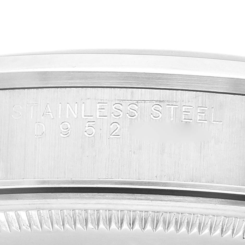 The image shows a close-up of the side of the case of the Rolex Air-King 14000 Men's Stainless Steel Silver Dial 14000 Men's Stainless Steel Silver Dial watch, highlighting the stainless steel engraving.