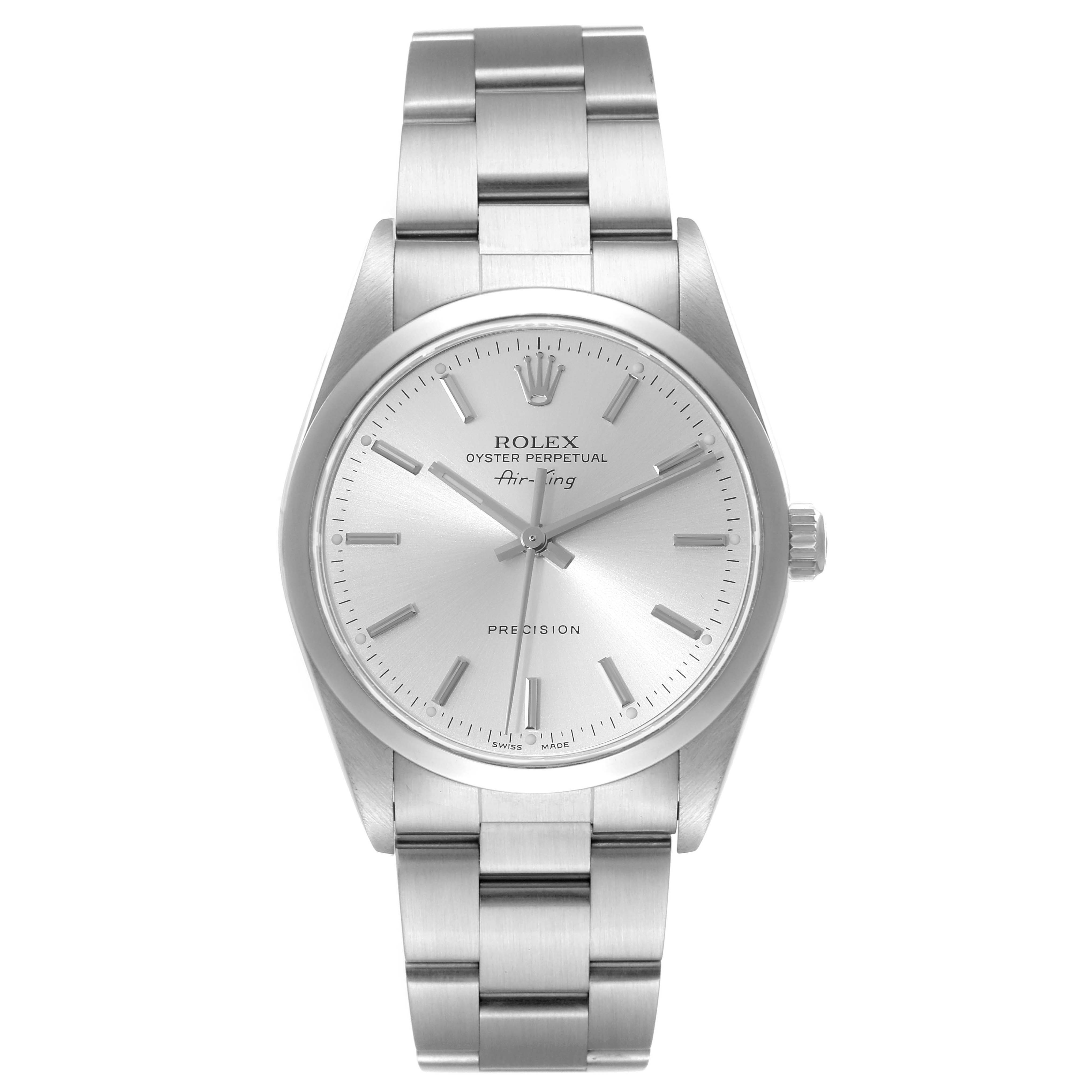 The image shows a front view of a Rolex Air-King 14000 Men's Stainless Steel Silver Dial 14000 Men's Stainless Steel Silver Dial watch displaying the dial, case, and bracelet.