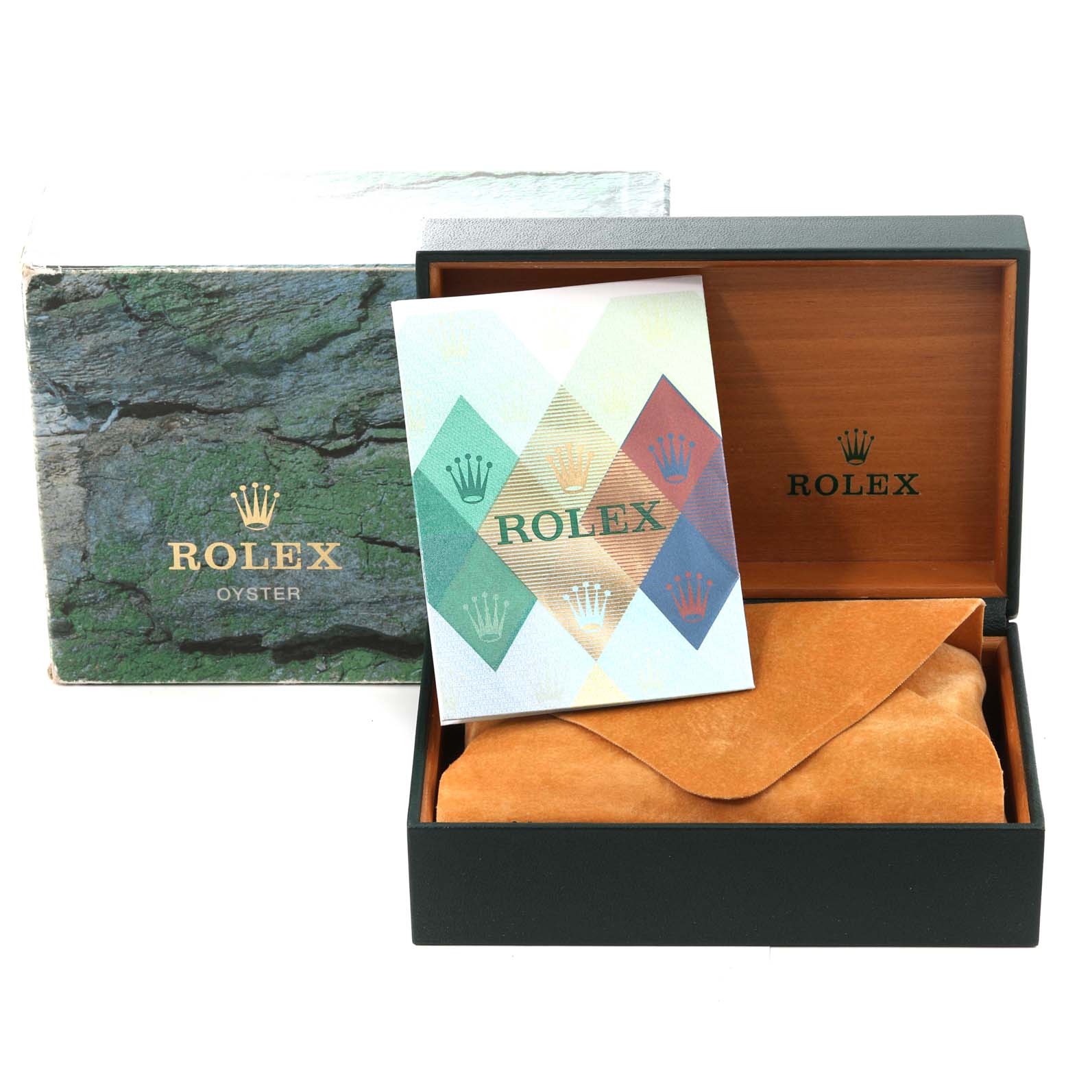 The image shows the packaging and accessories of a Rolex Air-King 14000 Men's Stainless Steel Silver Dial 14000 Men's Stainless Steel Silver Dial, including the outer box, the inner box, and a manual.