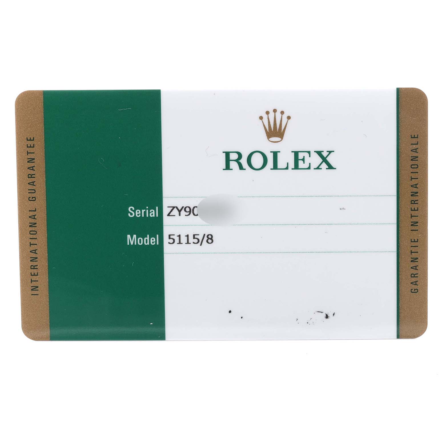 The image shows a warranty card for the Rolex Cellini 5115 Men's Yellow Gold White Dial 5115 Men's Yellow Gold White Dial model, displaying serial and model numbers.