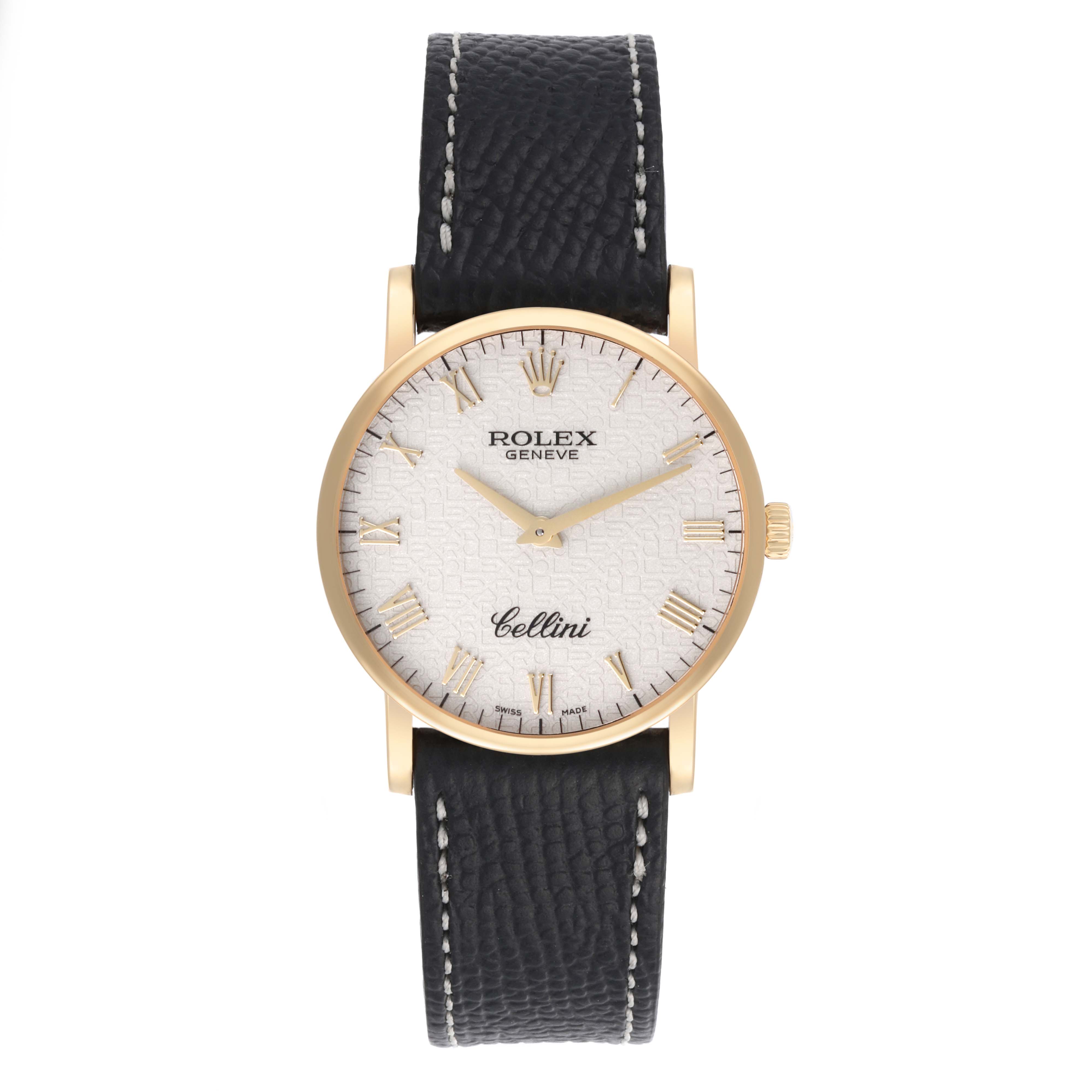 The Rolex Cellini 5115 Men's Yellow Gold White Dial 5115 Men's Yellow Gold White Dial watch is shown from the front, highlighting the dial, case, and leather strap.