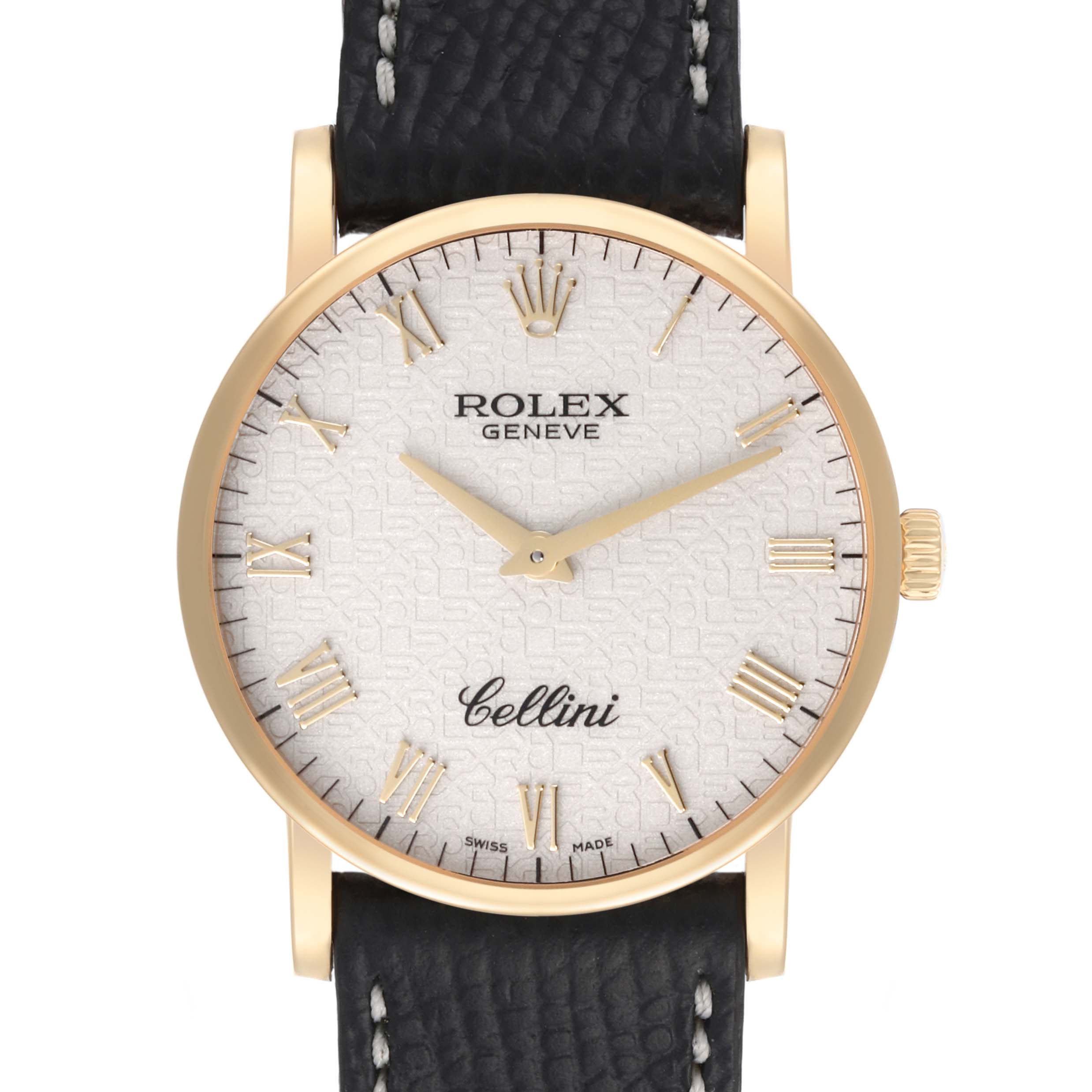 The Rolex Cellini 5115 Men's Yellow Gold White Dial 5115 Men's Yellow Gold White Dial watch is shown from the front, displaying the face, crown, and black leather strap.