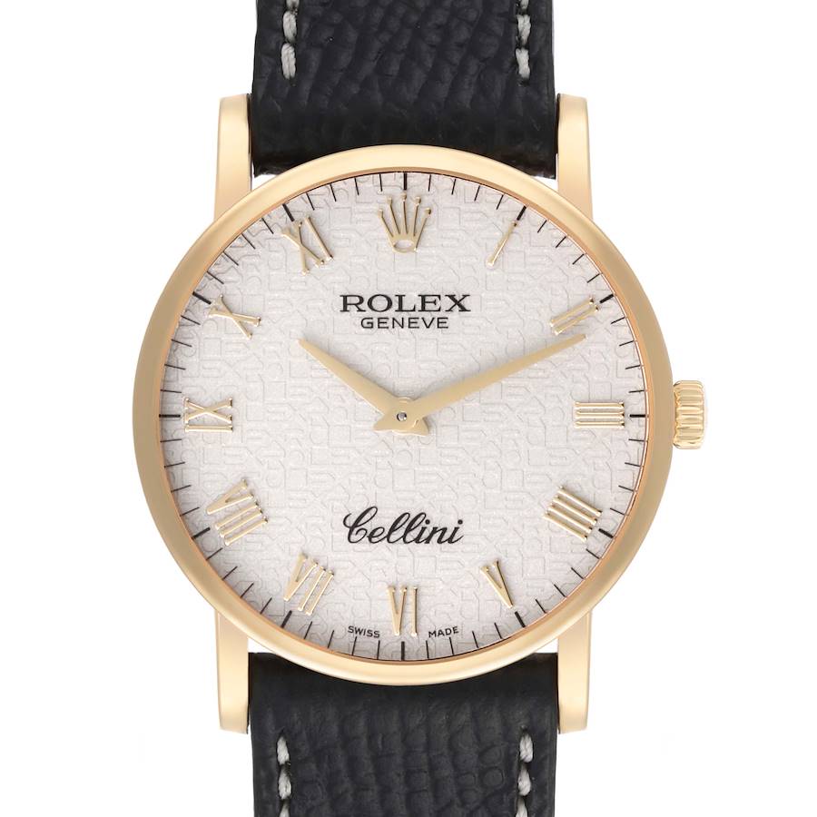 The Rolex Cellini watch is shown from the front, displaying the face, crown, and black leather strap.