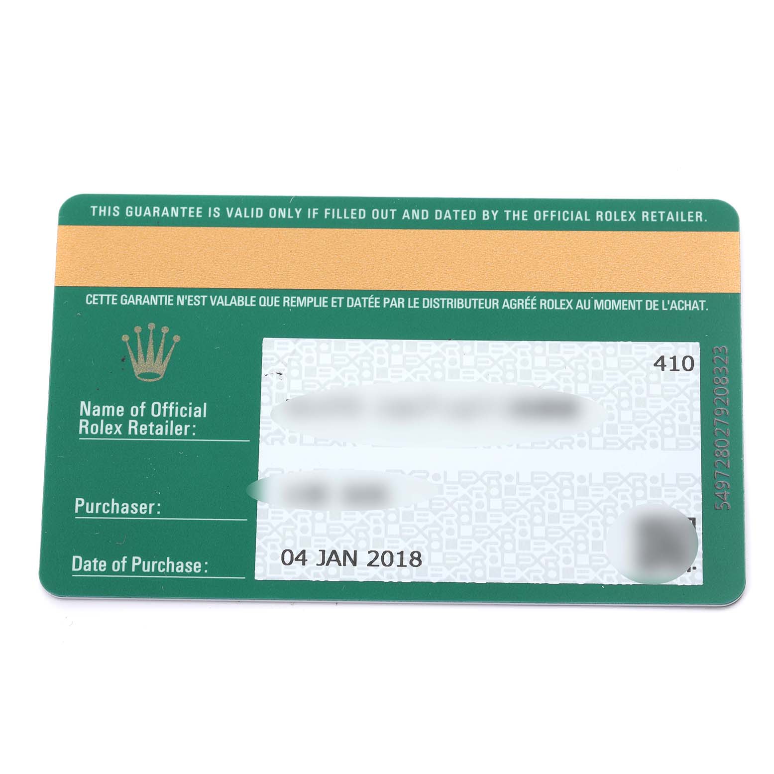 The image shows a warranty card for the Rolex Cellini 5115 Men's Yellow Gold White Dial 5115 Men's Yellow Gold White Dial model.