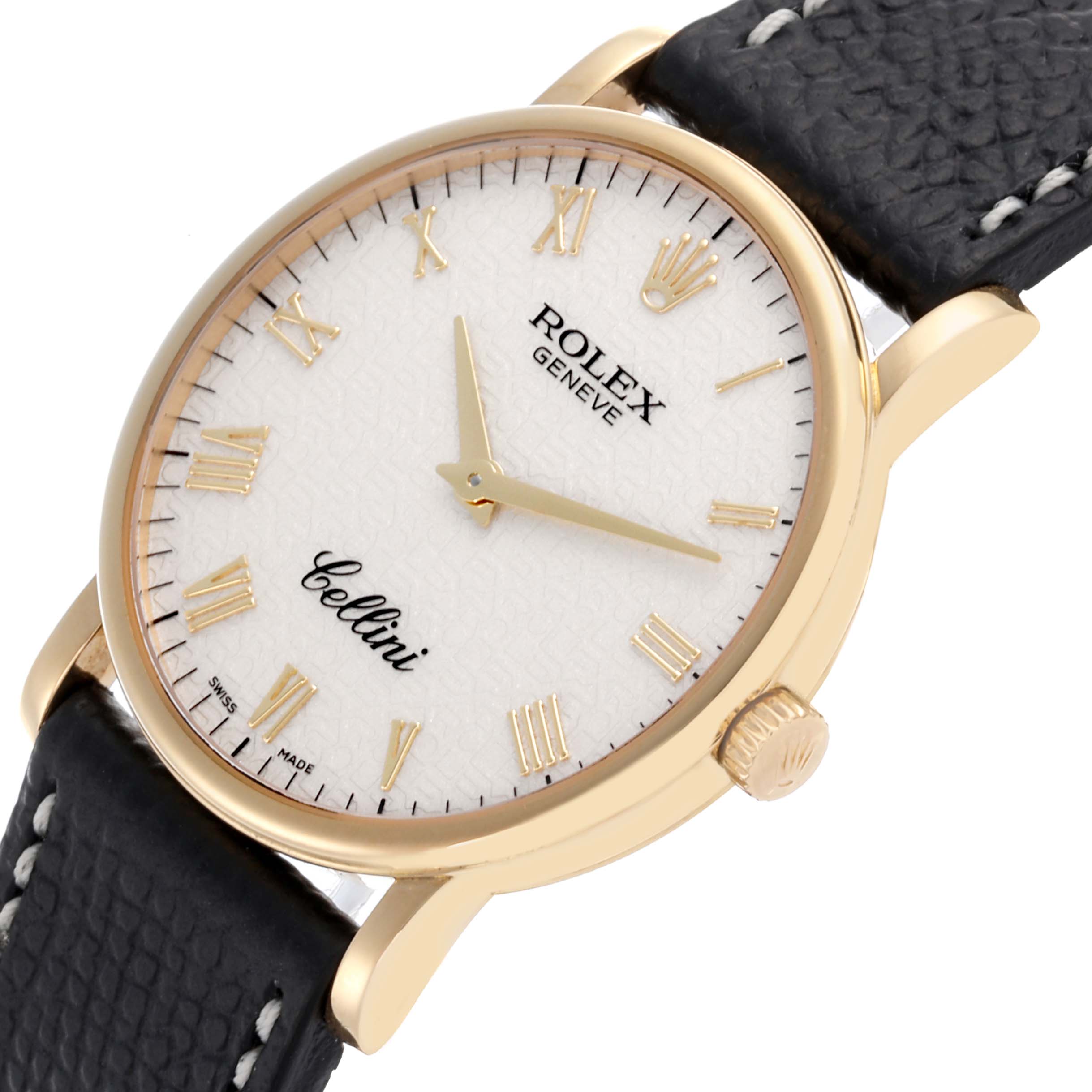 The image shows a Rolex Cellini 5115 Men's Yellow Gold White Dial 5115 Men's Yellow Gold White Dial watch at a slight angle highlighting the dial, crown, and part of the black leather strap.