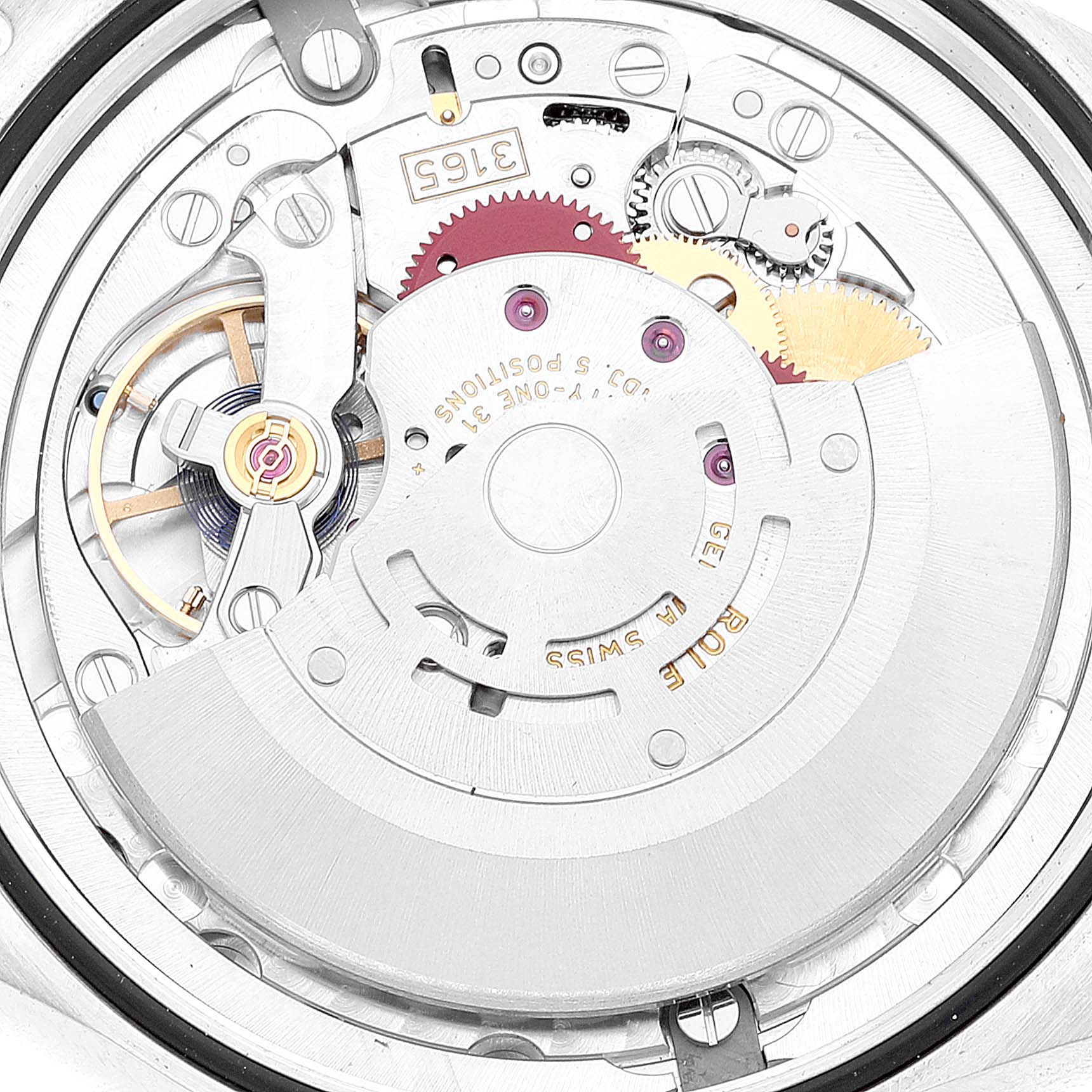 The image shows the intricate internal mechanism of a Rolex Cellini 50519 Men
s White Gold Silver Dial 50519 Men
s White Gold Silver Dial watch from a close-up view.