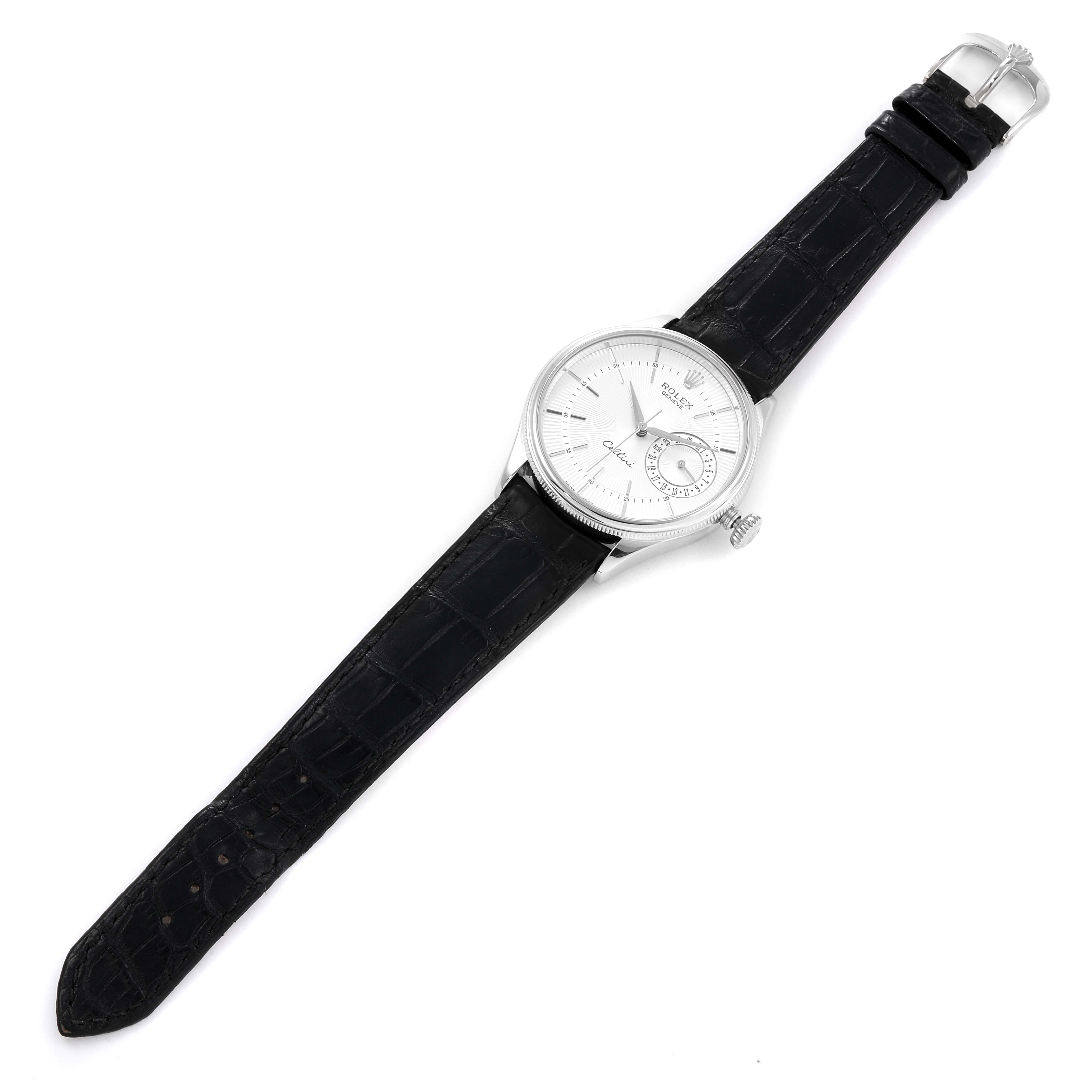 The image shows the Rolex Cellini 50519 Men
s White Gold Silver Dial 50519 Men
s White Gold Silver Dial watch lying flat, displaying the full face, leather strap, case, and buckle.