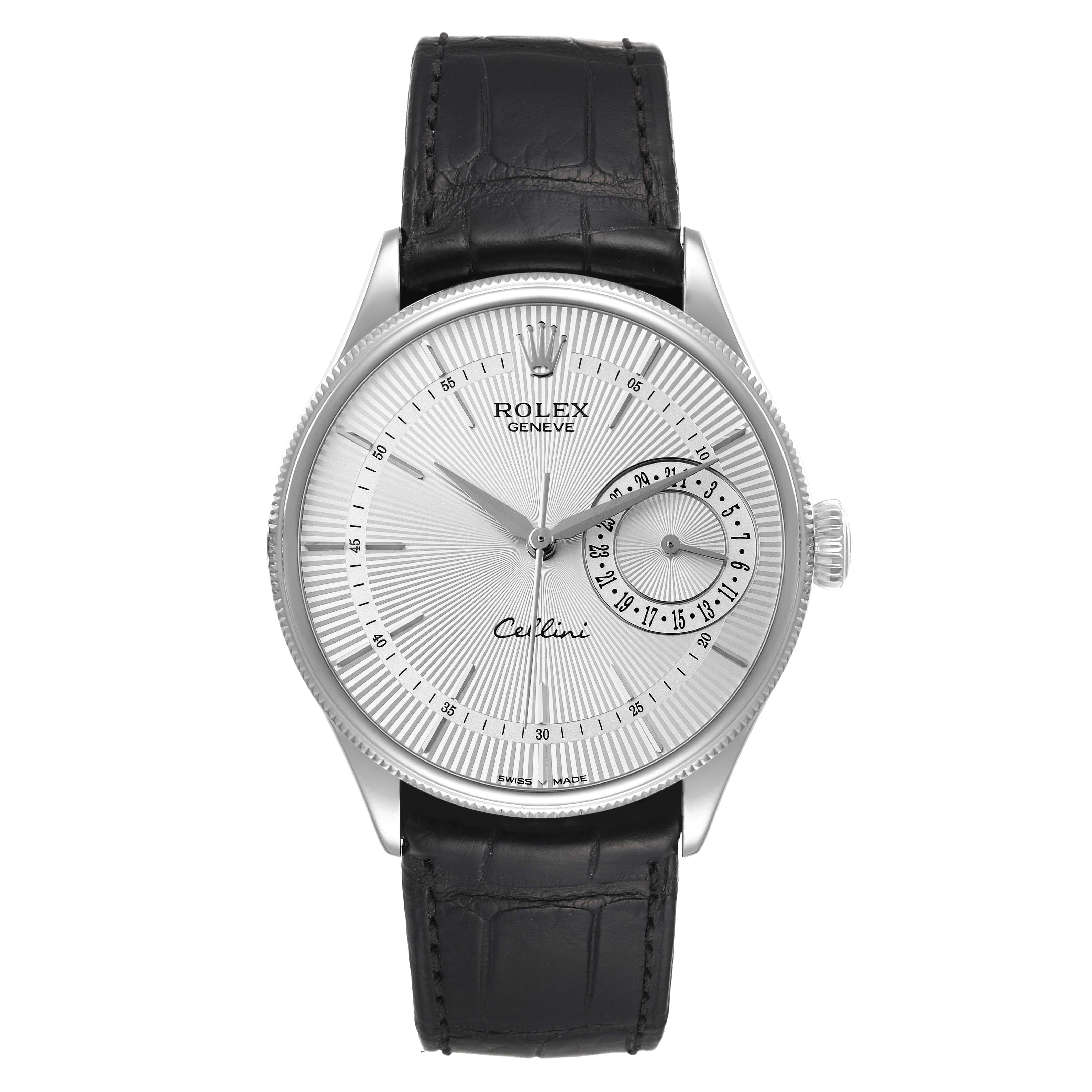 The image shows a front view of a Rolex Cellini 50519 Men
s White Gold Silver Dial 50519 Men
s White Gold Silver Dial watch, featuring a silver dial with a date subdial and a black leather strap.