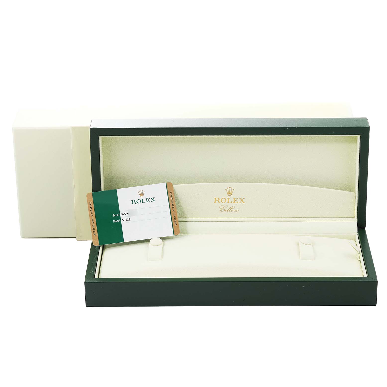 This image shows the packaging box and Best Quality
ity card for a Rolex Cellini 50519 Men
s White Gold Silver Dial 50519 Men
s White Gold Silver Dial watch.