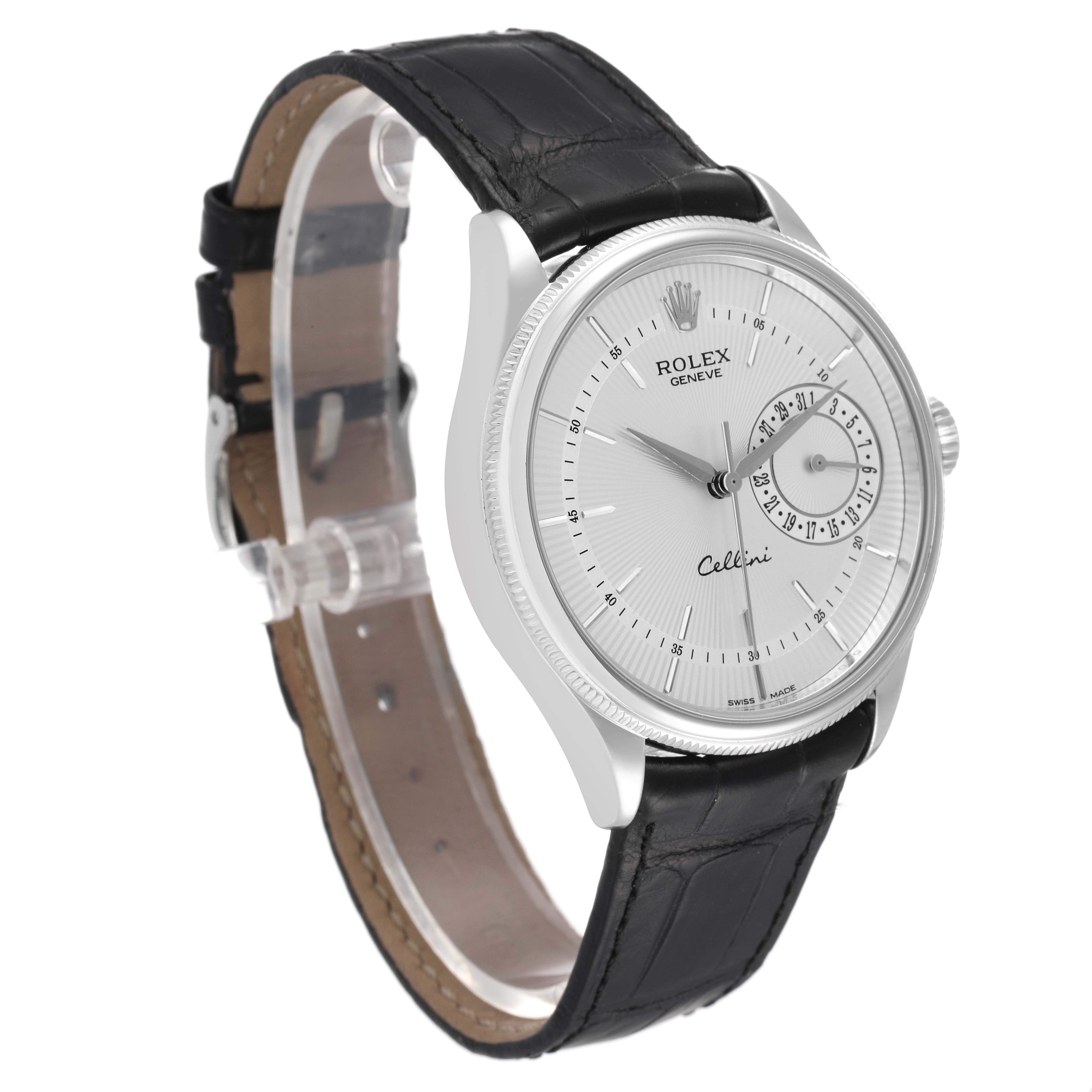 The image shows a Rolex Cellini 50519 Men
s White Gold Silver Dial 50519 Men
s White Gold Silver Dial watch angled slightly to the right, displaying its face, case, and black leather strap.