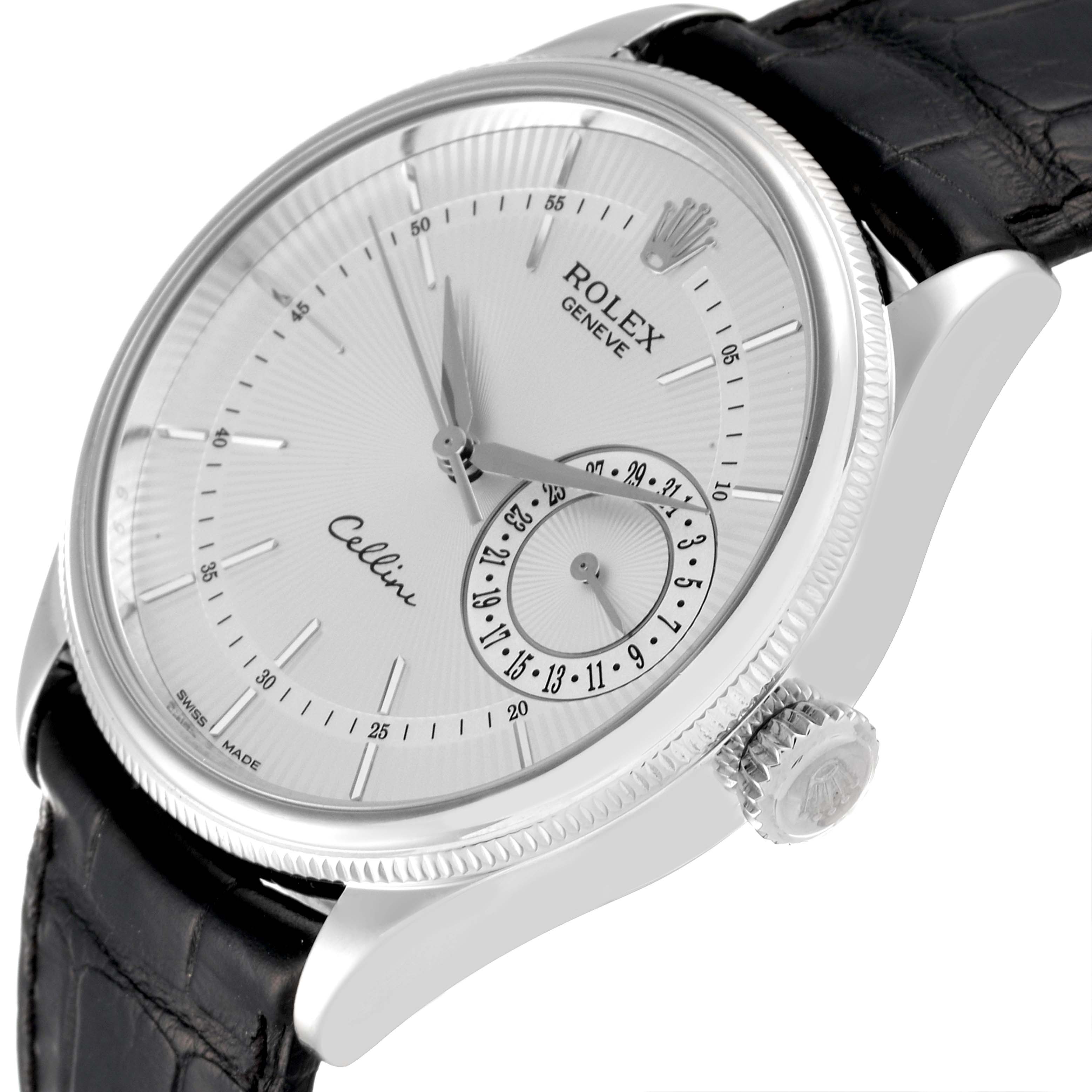 The Cellini model by Rolex is shown at a slightly tilted angle, displaying the watch face, crown, and part of the leather strap.