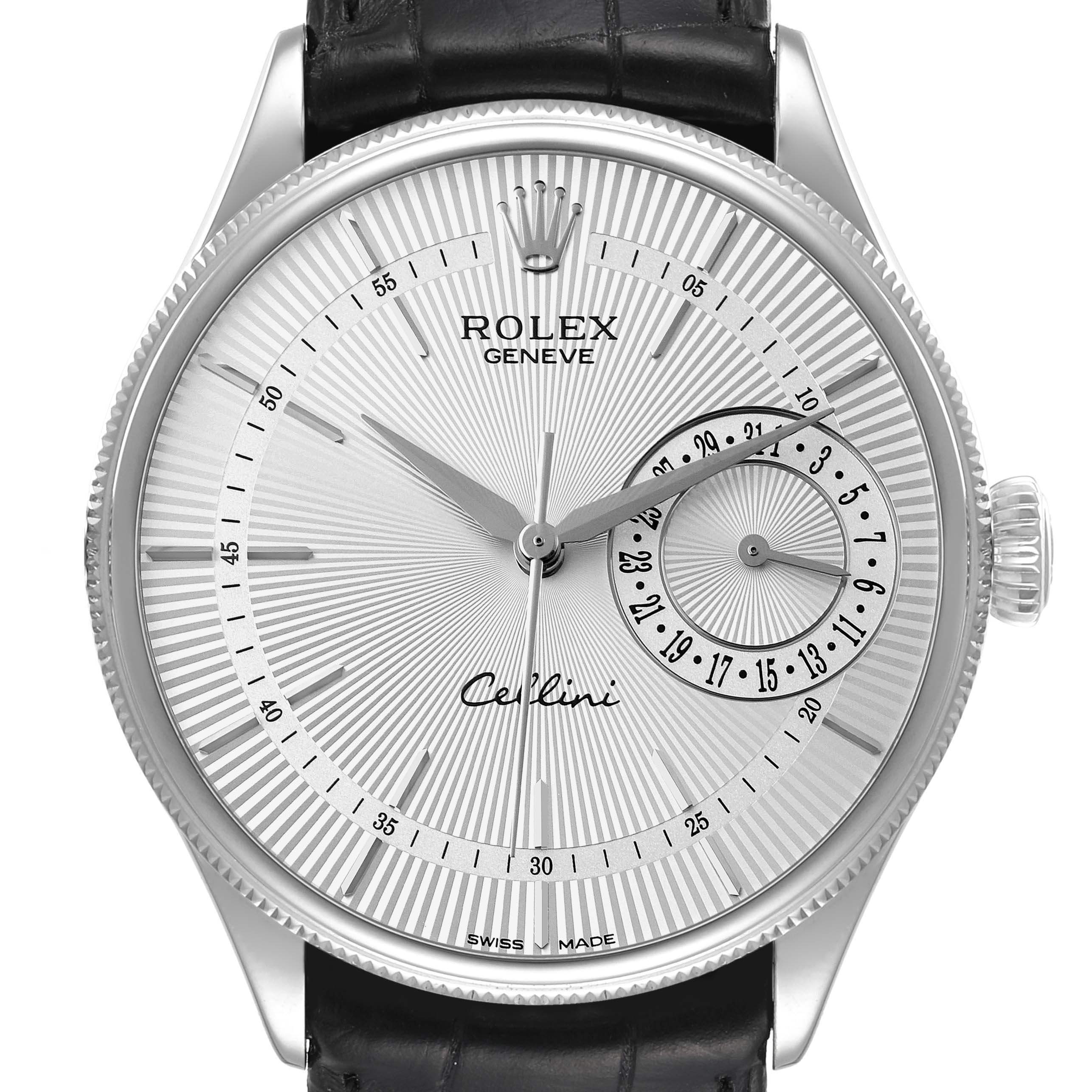 The image shows a close-up, front-facing view of a Rolex Cellini 50519 Men
s White Gold Silver Dial 50519 Men
s White Gold Silver Dial watch with markers, hands, and a sub-dial visible.